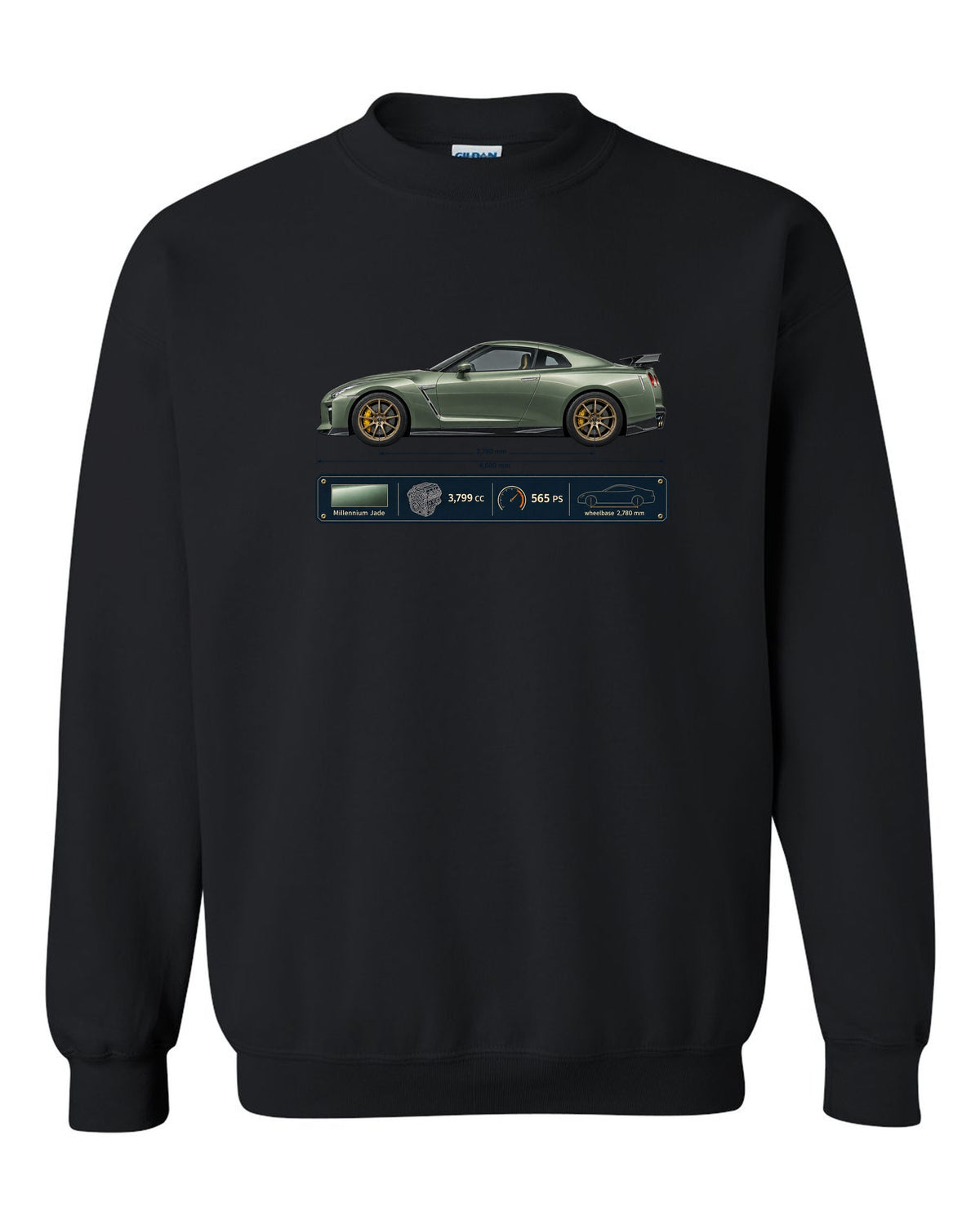 Nissan GT-R R35 T-spec Millennium Jade blueprint print black crewneck front view with the design