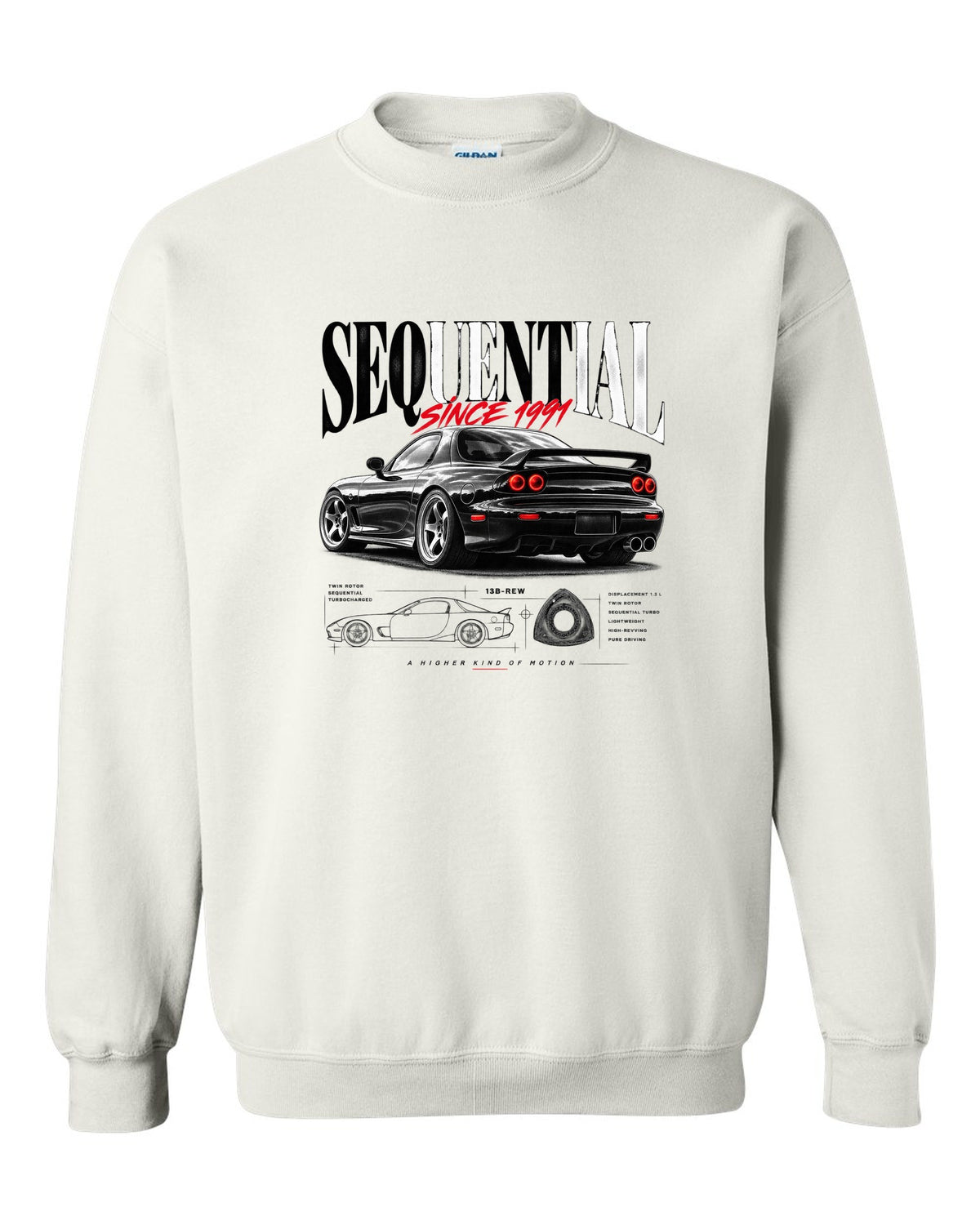 Editorial print of a Mazda RX-7 FD3S rear three-quarter with sequential headline white crewneck front view with the design
