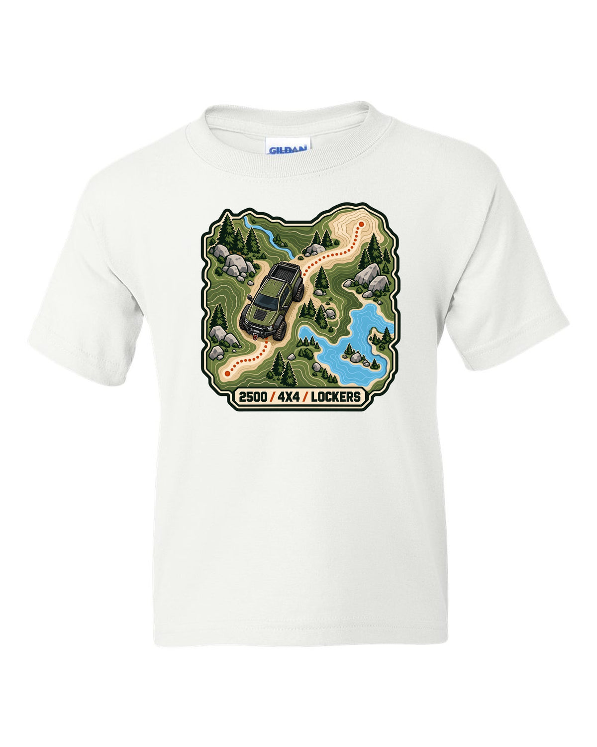 Topographic route map line art print of a Ram Power Wagon 2500 with 4x4 lockers text white kids tee front view with the design