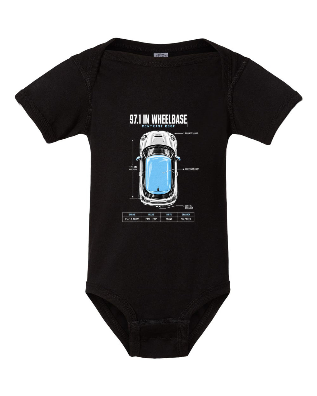 Top-down plan view of a Mini Cooper S R56 on a spec poster print with wheelbase text black baby onesie front view with the design