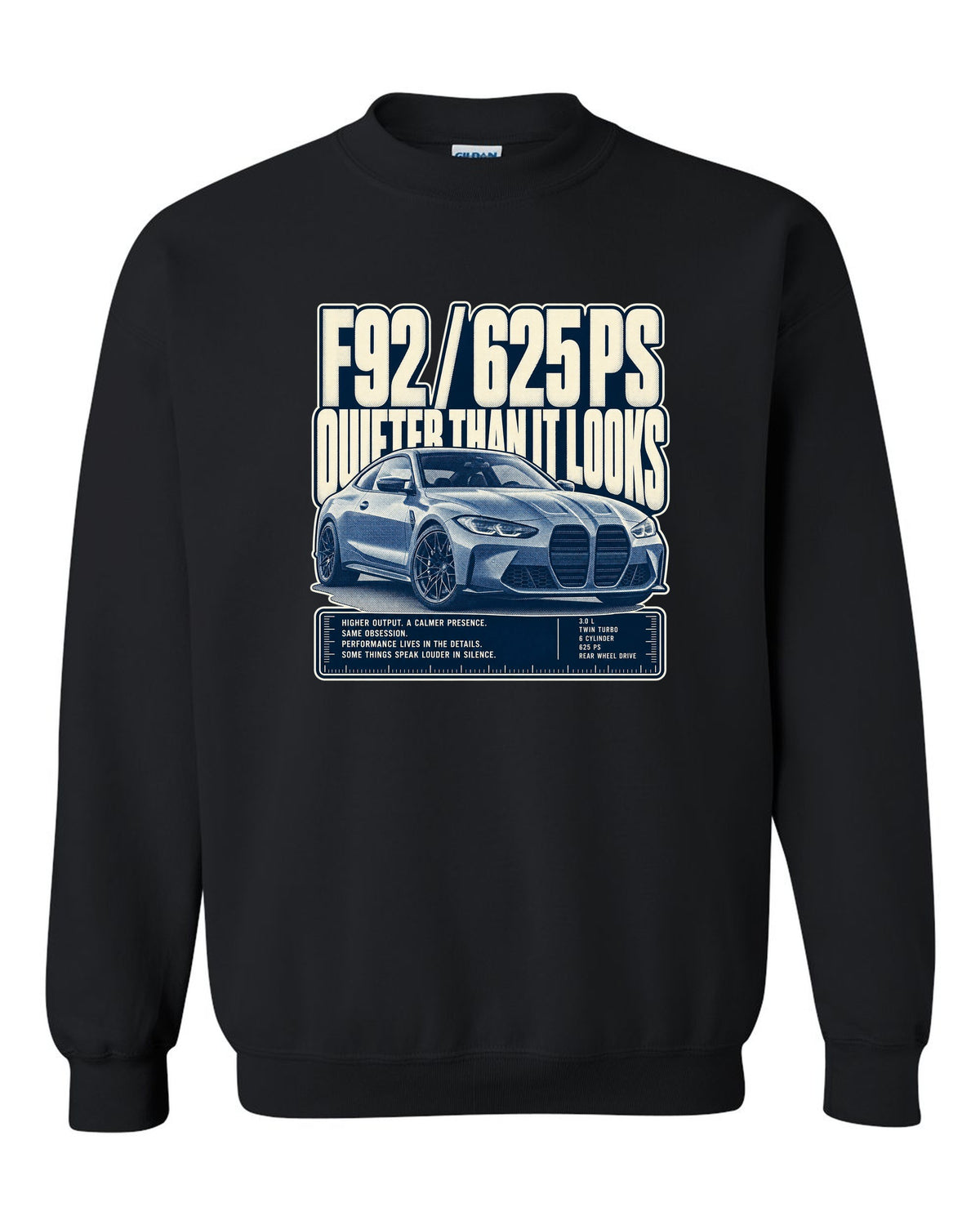 BMW M8 Competition F92 halftone statement print on a tee black crewneck front view with the design