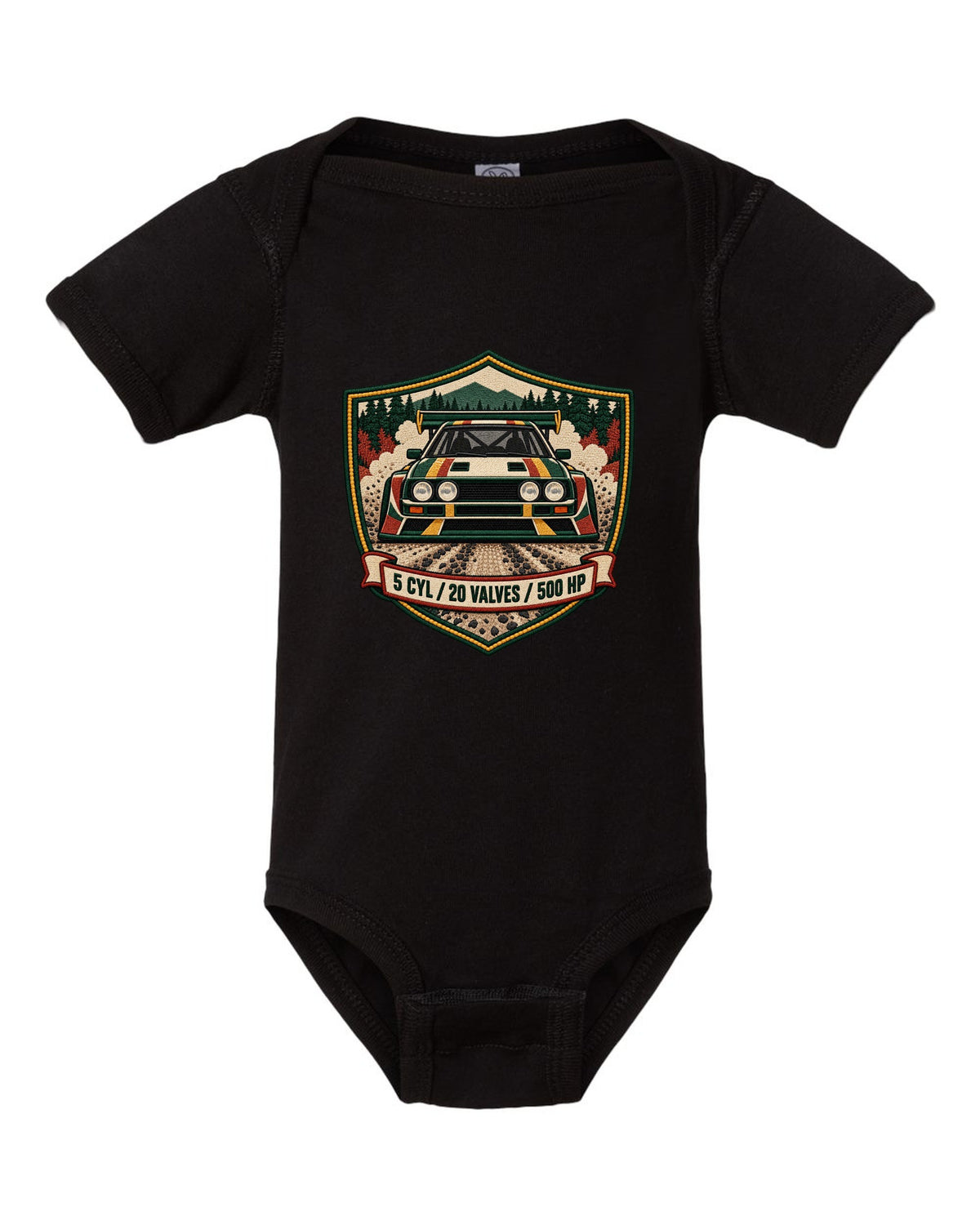 Varsity crest style print of the Audi Sport Quattro S1 E2 with 5 cyl, 20 valves, 500 hp black baby onesie front view with the design