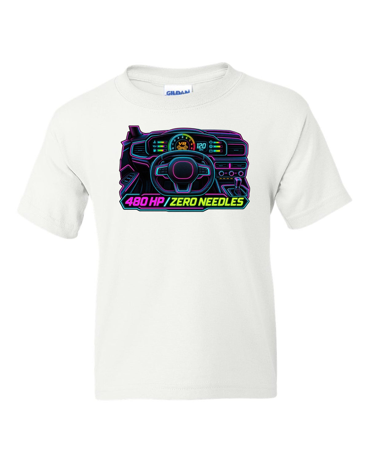 Neon gauge-cluster HUD print of a Ford Mustang S650 GT 2024 with 480 HP text white kids tee front view with the design