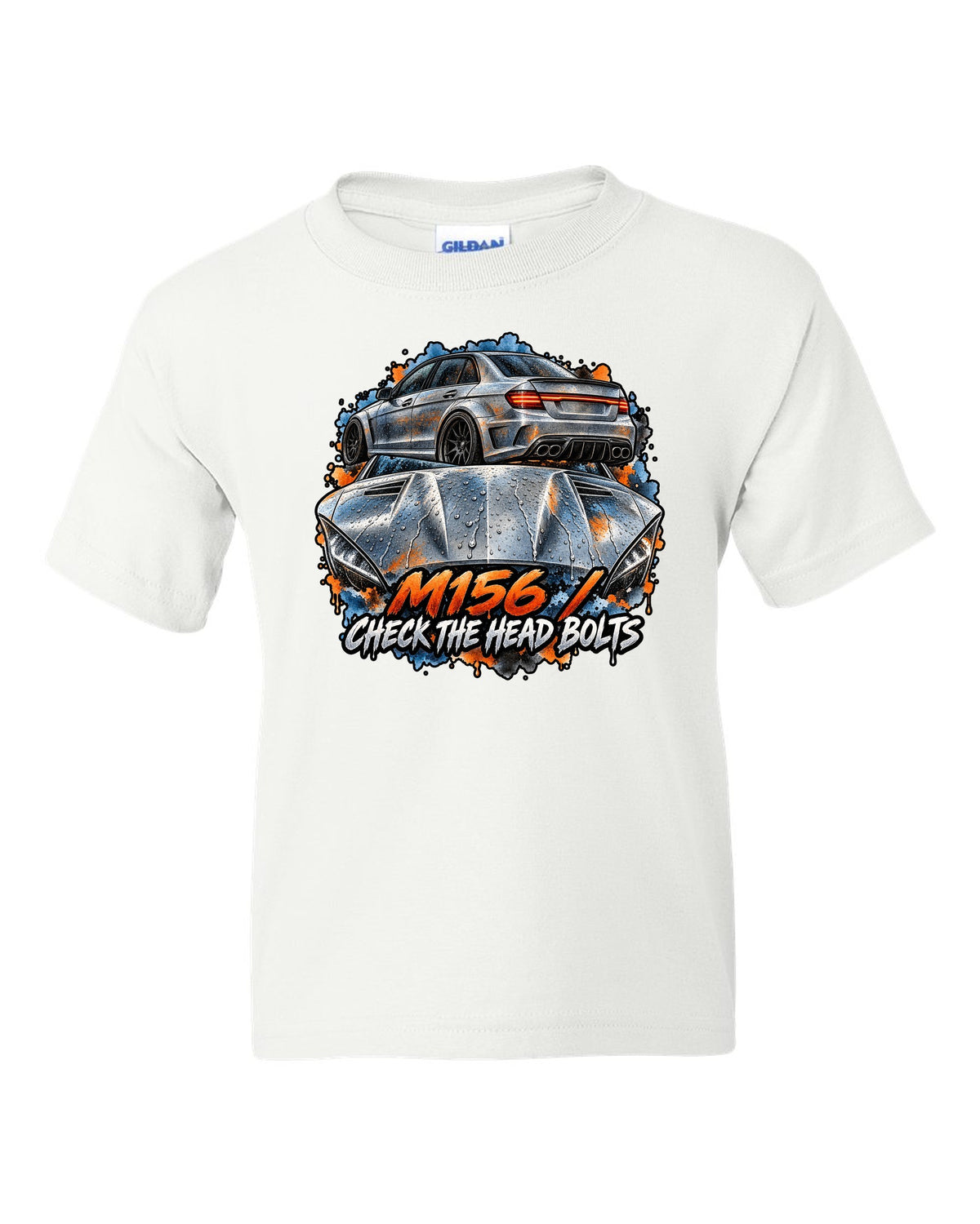 Technical blueprint line art of a cross-drilled brake and Mercedes C63 AMG W204 white kids tee front view with the design