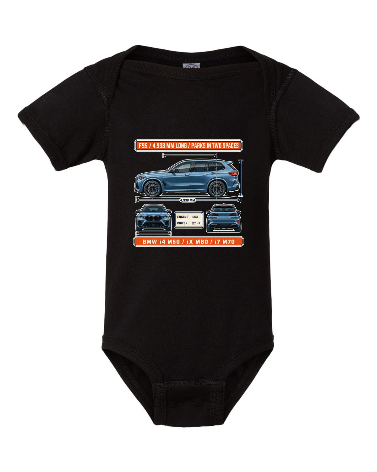 Dimension blueprint print of the BMW X5 M Competition F95 with 4,938 mm length black baby onesie front view with the design
