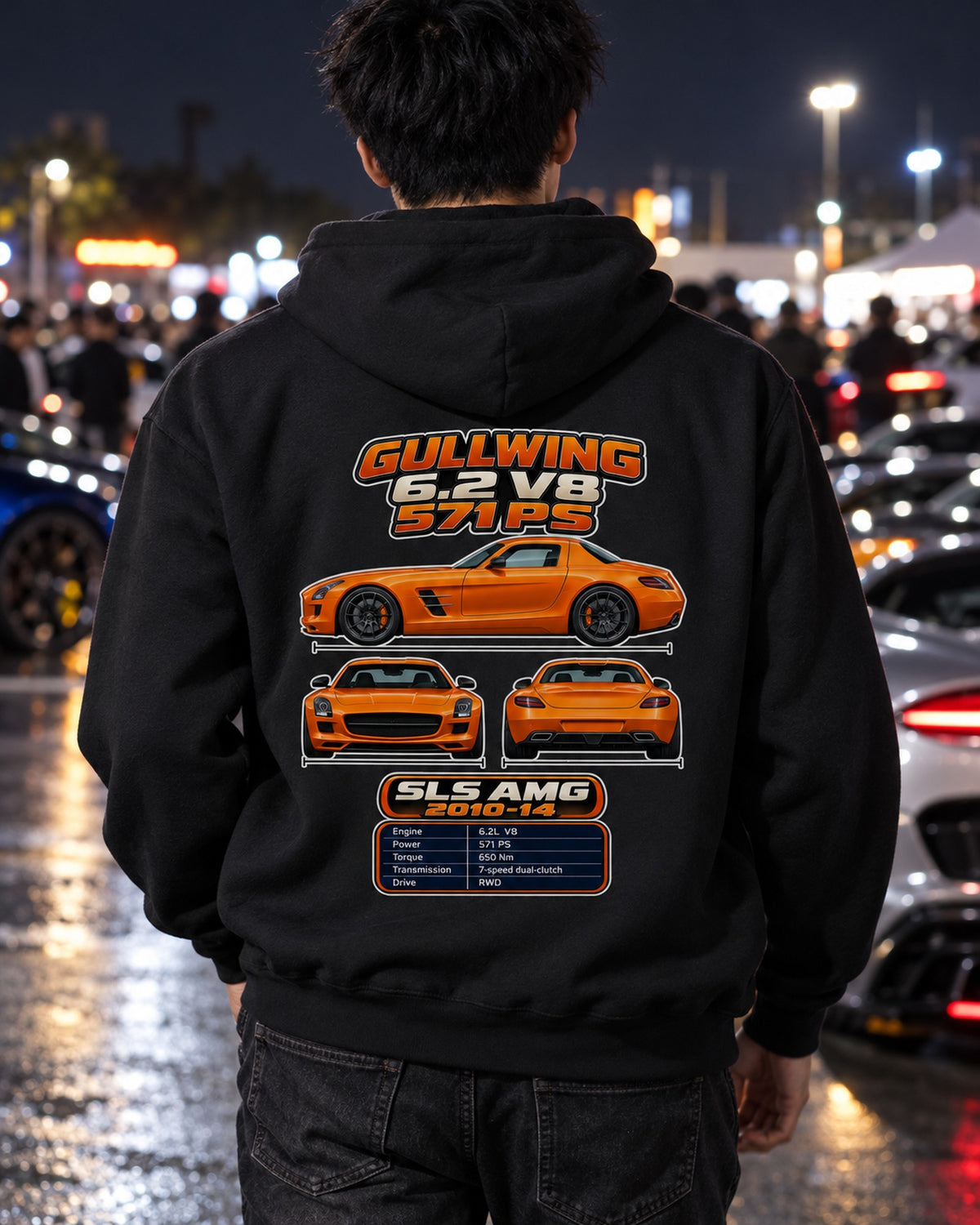 Mercedes Sls AMG Spec Sheet Full-Back Graphic Tee Pull Over Hoodie Black worn hero