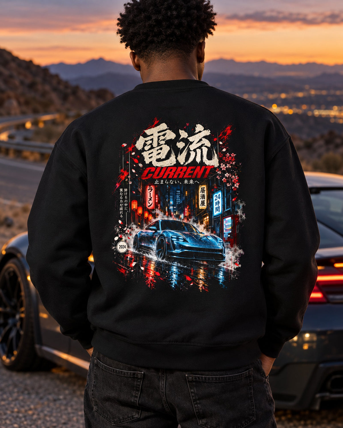 Porsche Taycan Turbo S Current Shirt, Hoodie & More Crewneck Black worn hero