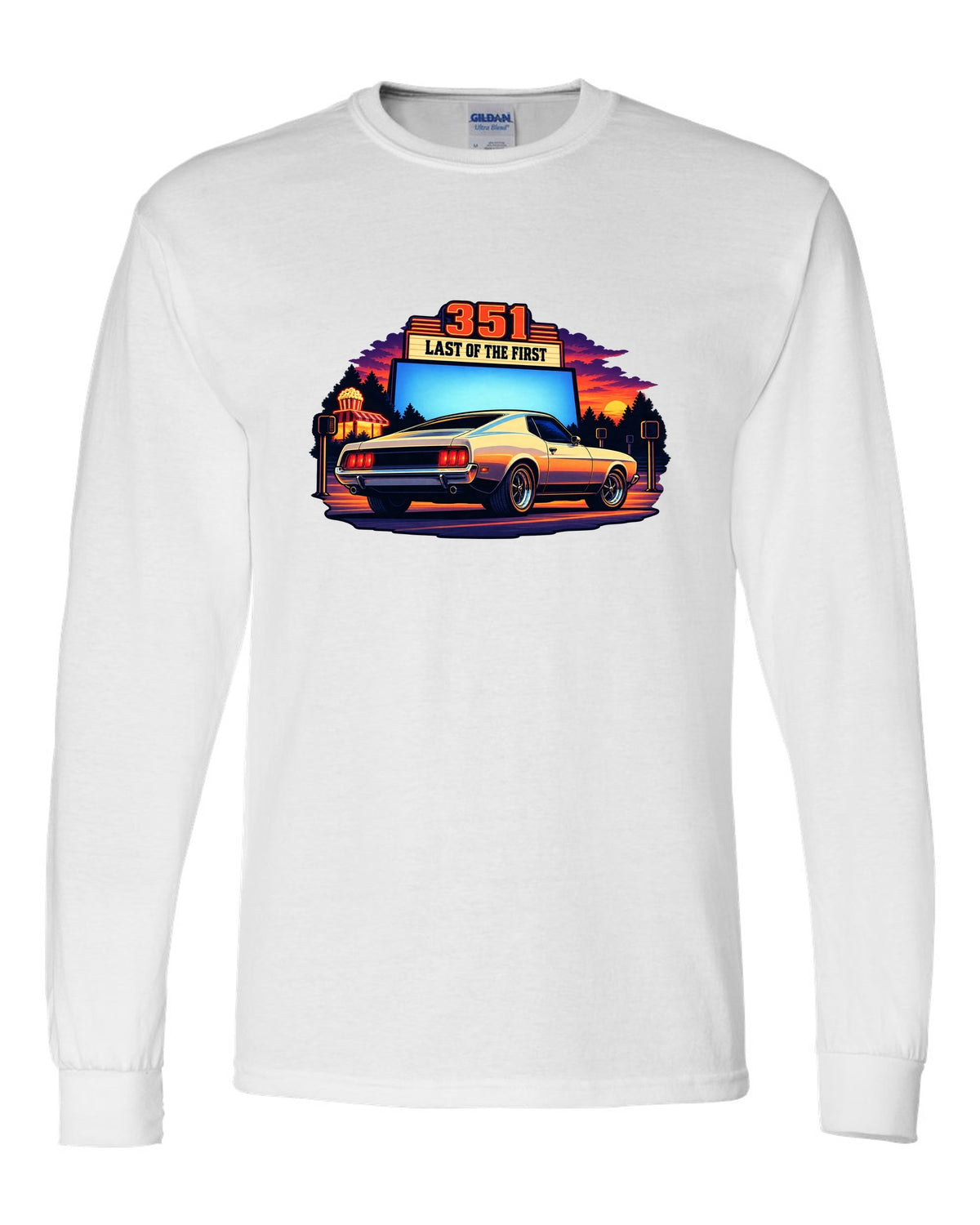 Cel-shaded anime print of a 1973 Ford Mustang fastback at a drive-in white long sleeve front view with the design