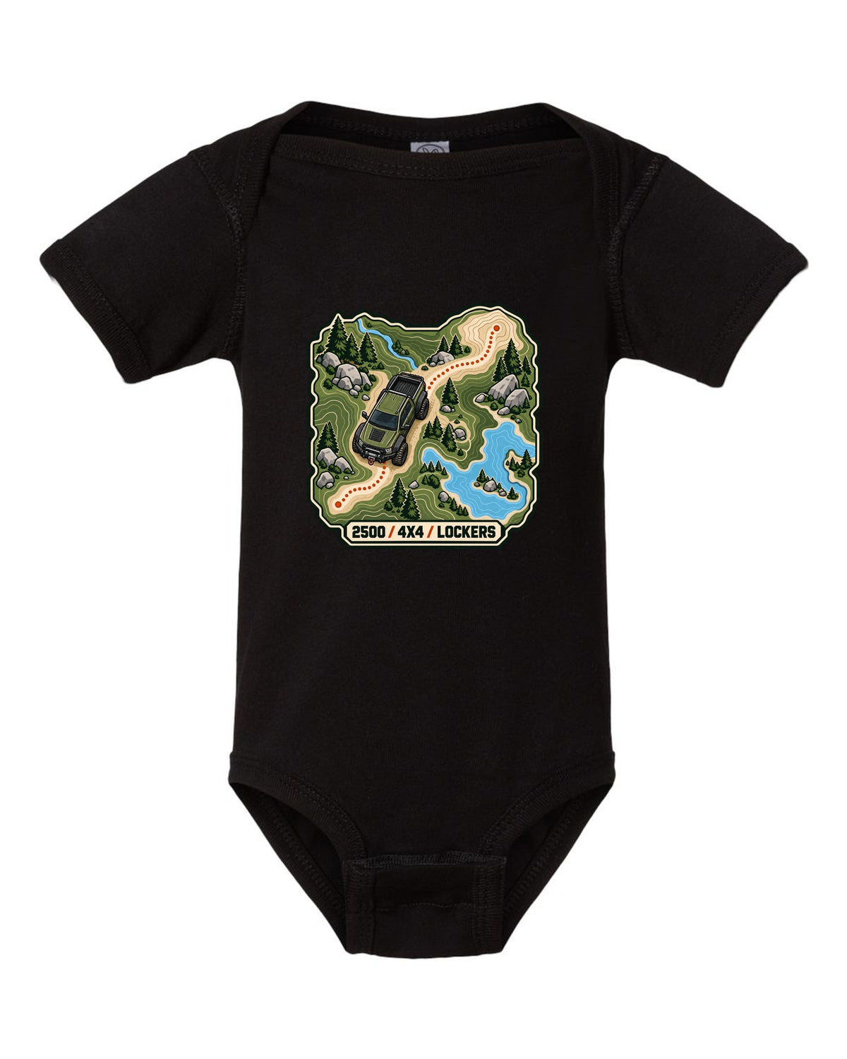 Topographic route map line art print of a Ram Power Wagon 2500 with 4x4 lockers text black baby onesie front view with the design