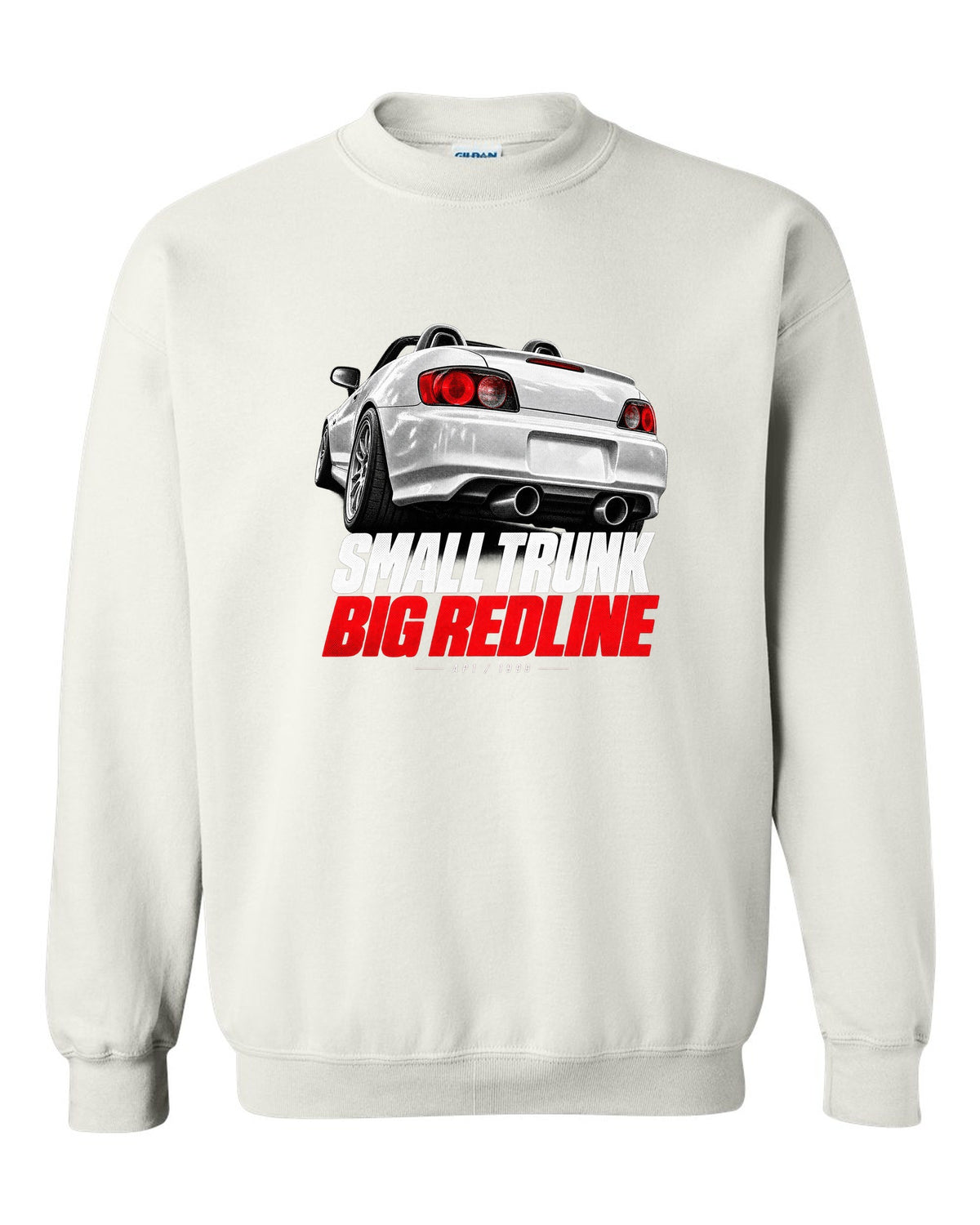 Honda S2000 AP1 roadster taillight detail design with small trunk big redline text white crewneck front view with the design