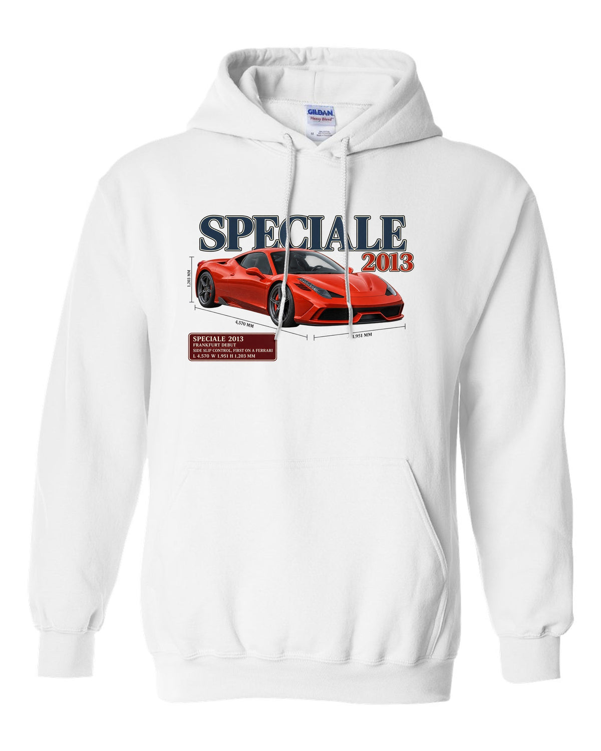 Archive panel print of the Ferrari 458 Speciale in red-orange white pull over hoodie front view with the design