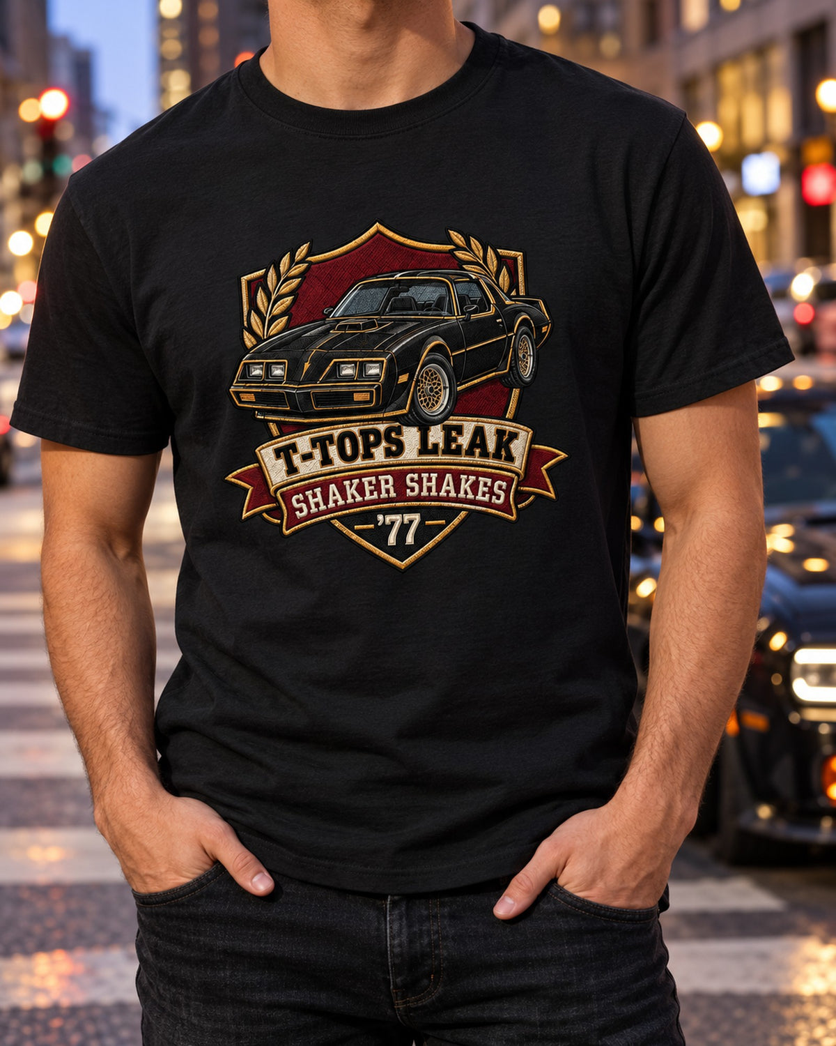 1977 Pontiac Firebird Trans Am Shaker Crest Shirt, T-Tops Leak T-Shirt Black worn hero
