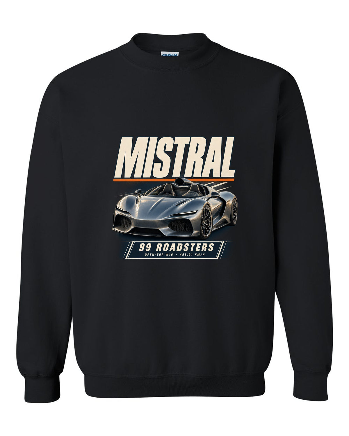 Editorial headline poster of the Bugatti Mistral open-top roadster, print black crewneck front view with the design
