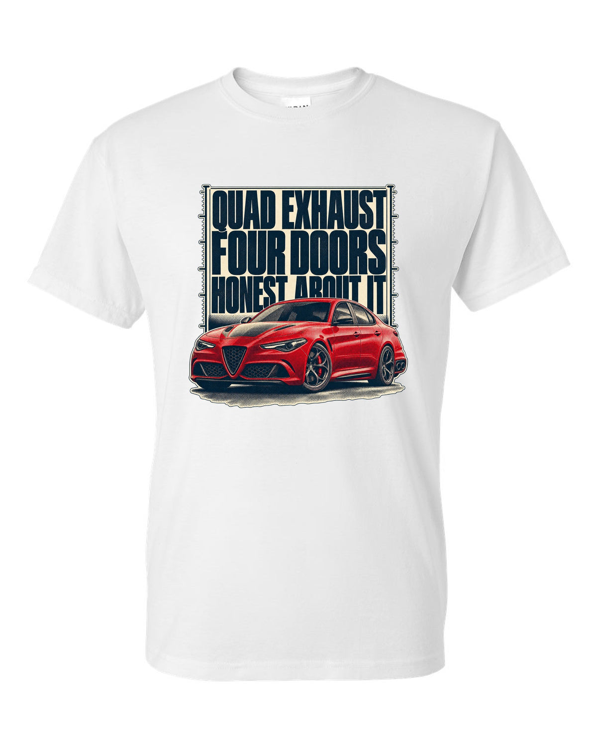 Alfa Romeo Giulia Quadrifoglio halftone statement print white t-shirt front view with the design
