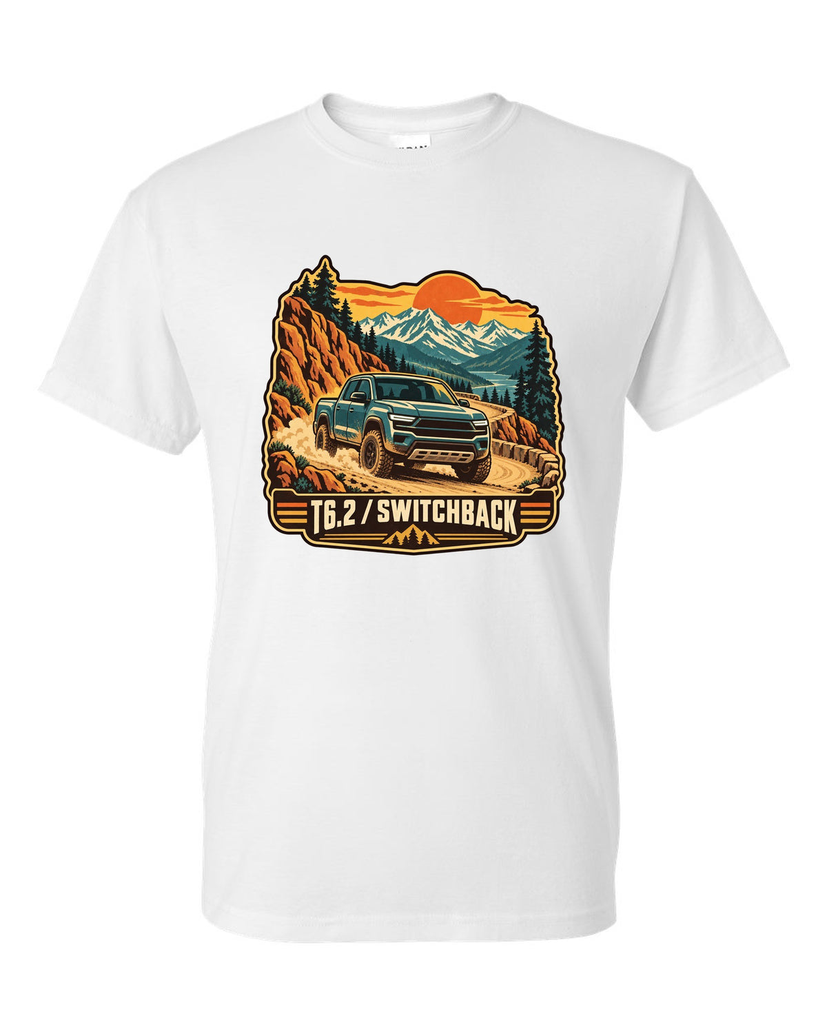 Vintage travel poster print of a 2022-present Ford Ranger T6.2 P703 on a switchback road white t-shirt front view with the design