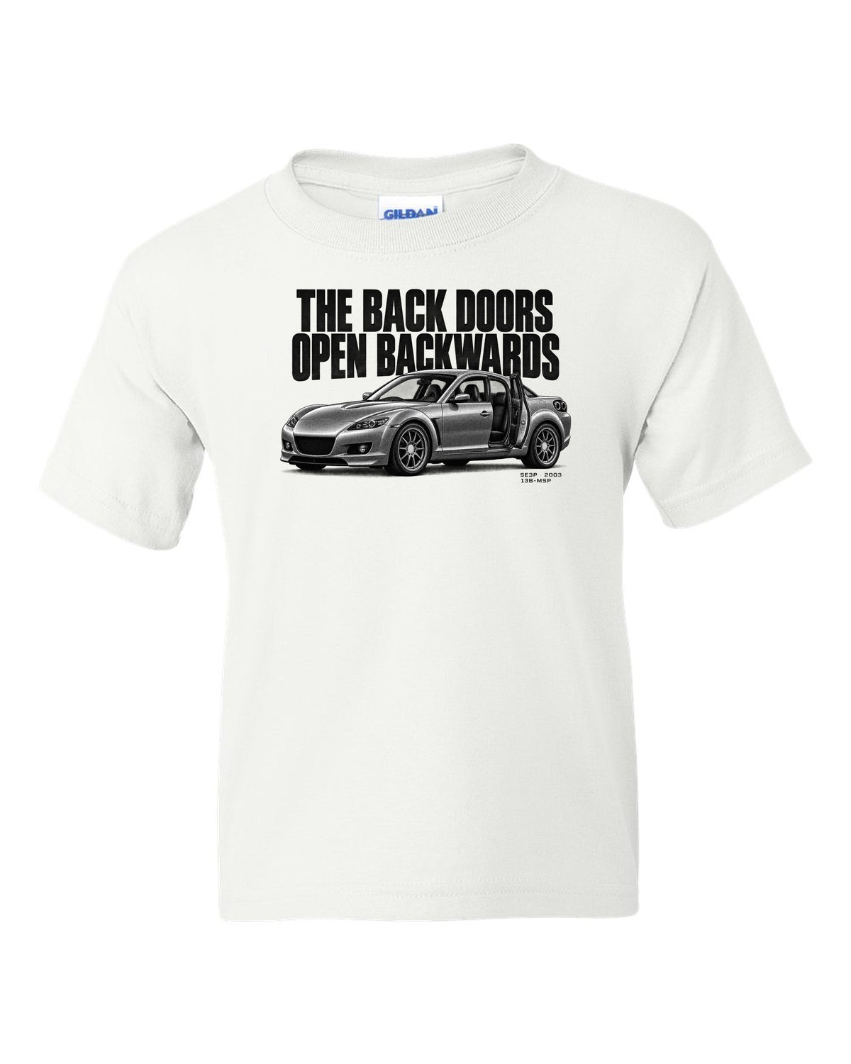 Halftone print of a Mazda RX-8 SE3P with back doors lettering white kids tee front view with the design