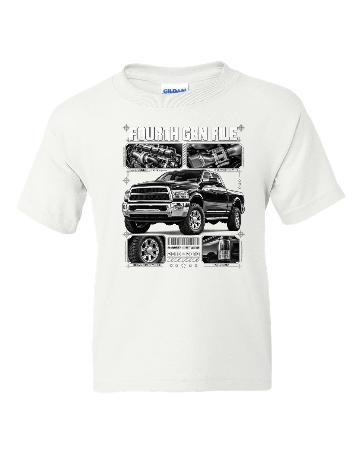 Blueprint dossier print of a 2010-2018 Ram 2500 fourth generation turbo diesel pickup white kids tee front view with the design
