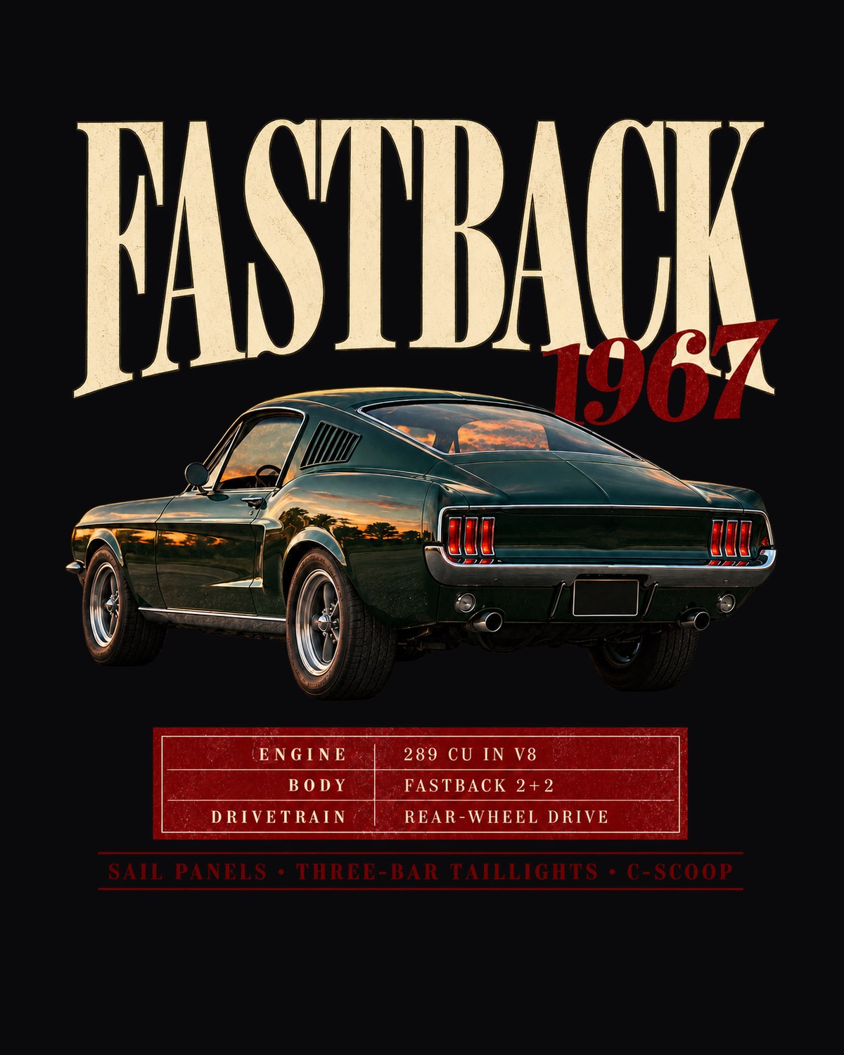 1967 Ford Mustang Fastback Spec Panel Shirt, 289 V8 Archive design only