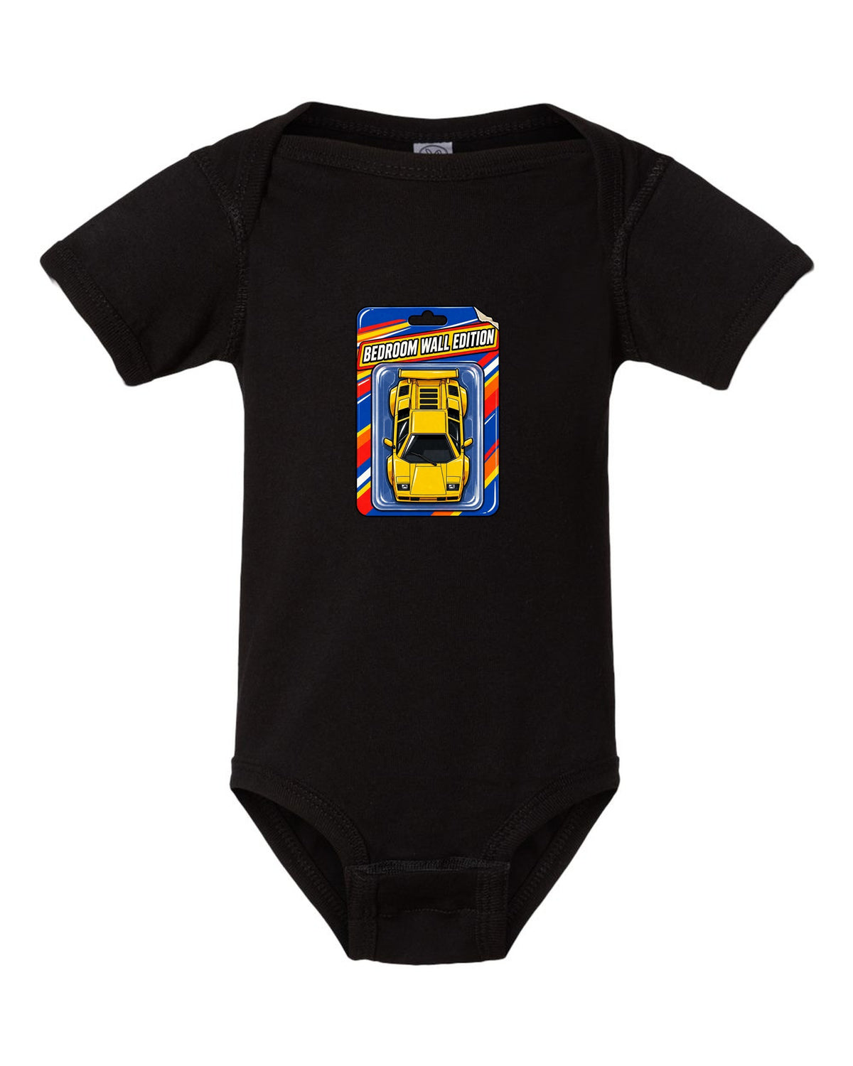 Top-down Lamborghini Countach LP400 S on a toy blister card labelled Bedroom Wall Edition black baby onesie front view with the design