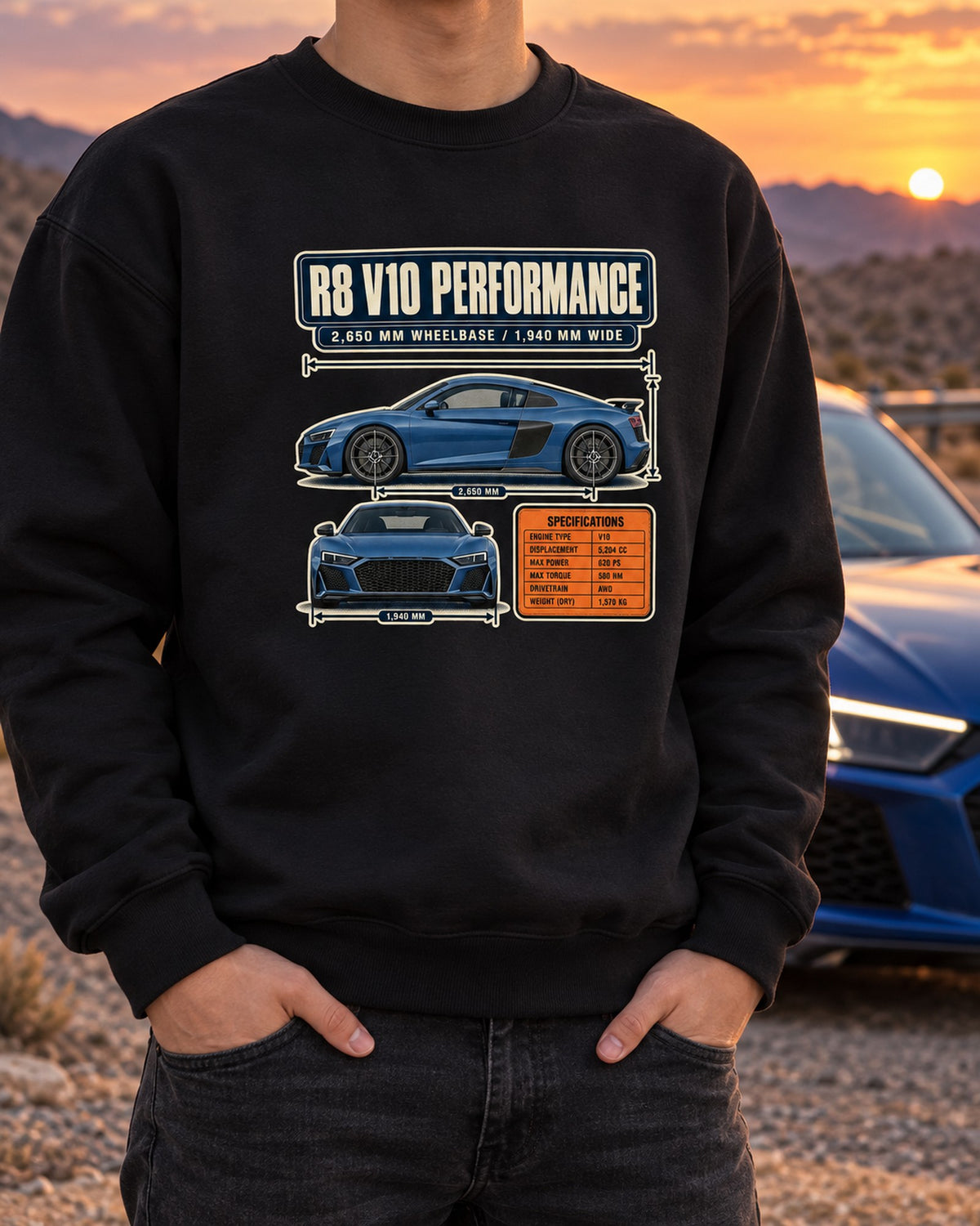Audi R8 V10 Performance Dimension Blueprint Tee, Type 4S Car Shirt Crewneck Black worn hero