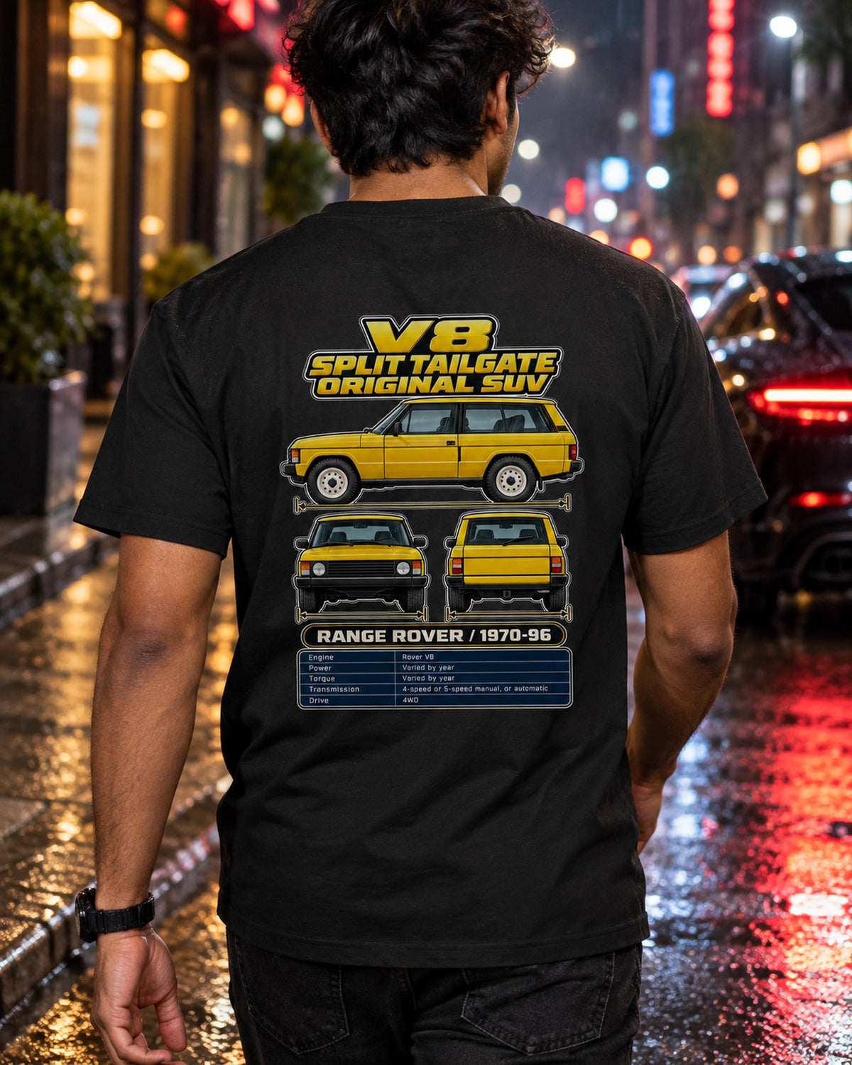Range Rover Classic Spec Sheet Full-Back Graphic Tee T-Shirt Black worn hero
