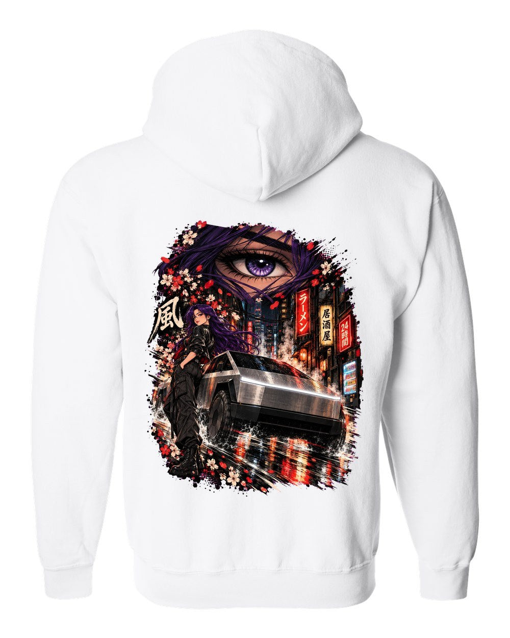 Tesla Cybertruck Anime Girl Zip Hoodie White back
