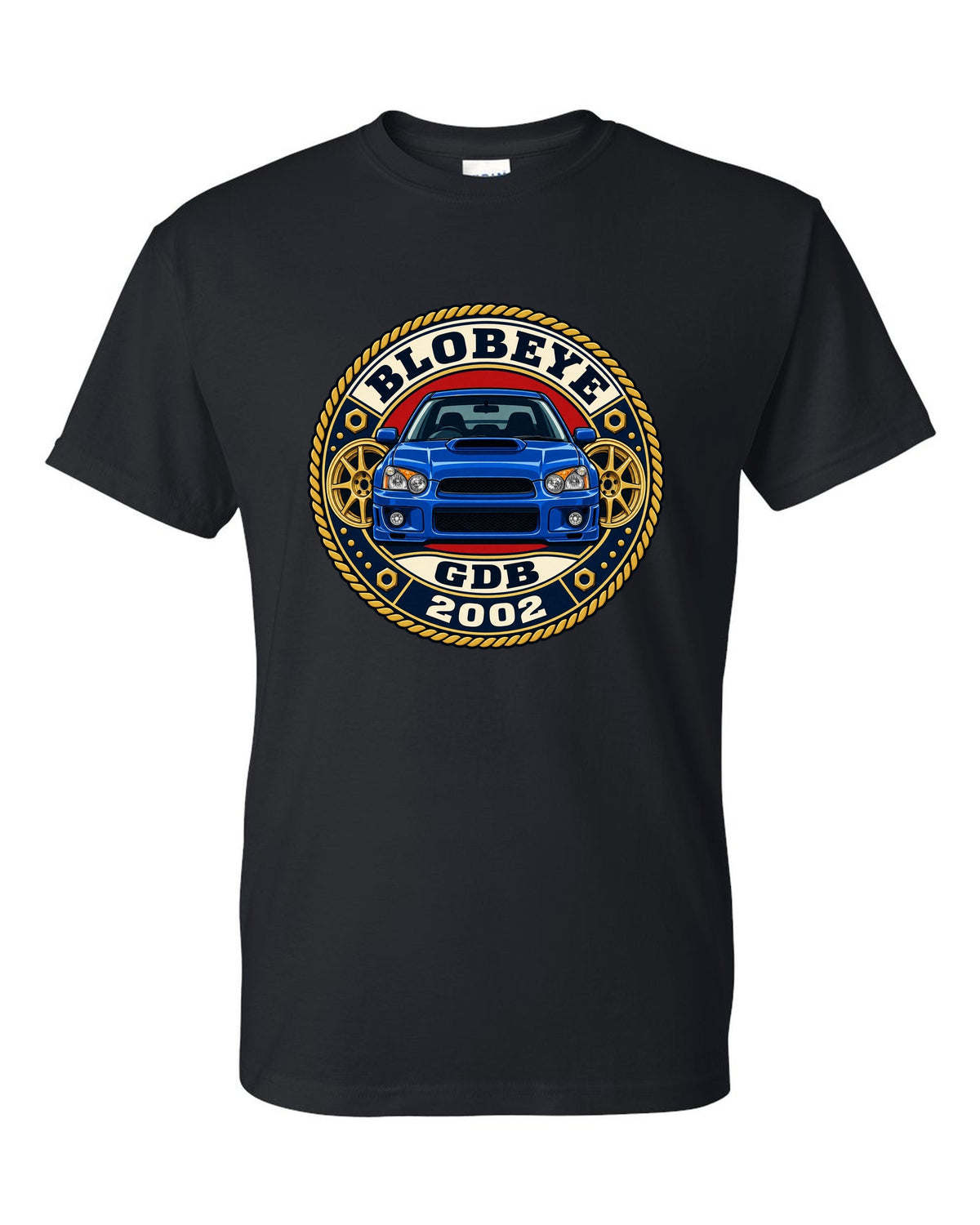 Subaru Impreza WRX GDB Blobeye round varsity crest print, BLOBEYE / GDB / 2002 black t-shirt front view with the design
