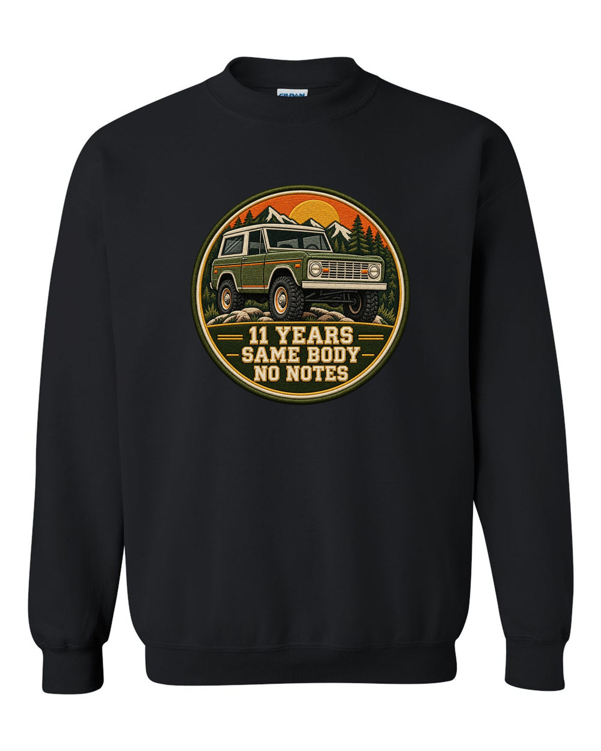 Varsity crest print for a 1966-77 Ford Bronco U15 wagon with 11 years same body text black crewneck front view with the design