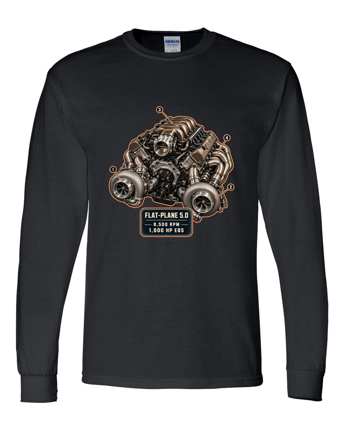 Engine hero illustration of the Koenigsegg Jesko 5.0 litre twin-turbo flat-plane V8, print black long sleeve front view with the design