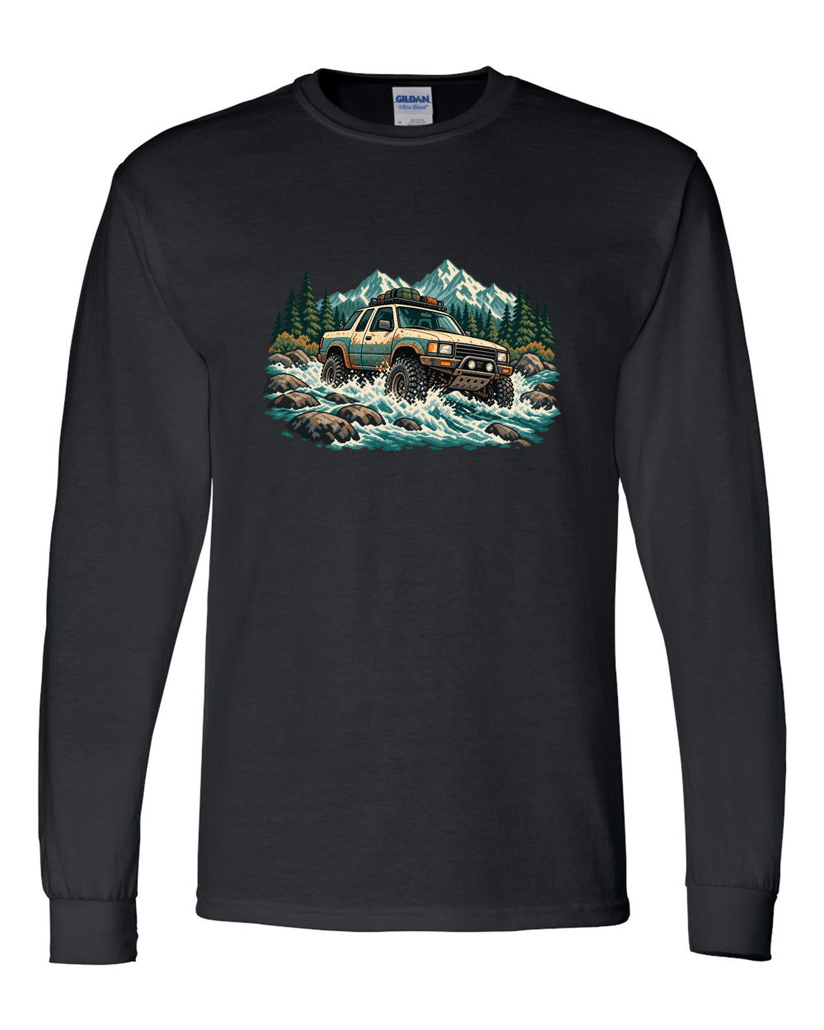 16-bit pixel art of a 2021 Ford F-150 Raptor Gen 3 P702 crossing a river with 5-LINK REAR lettering black long sleeve front view with the design