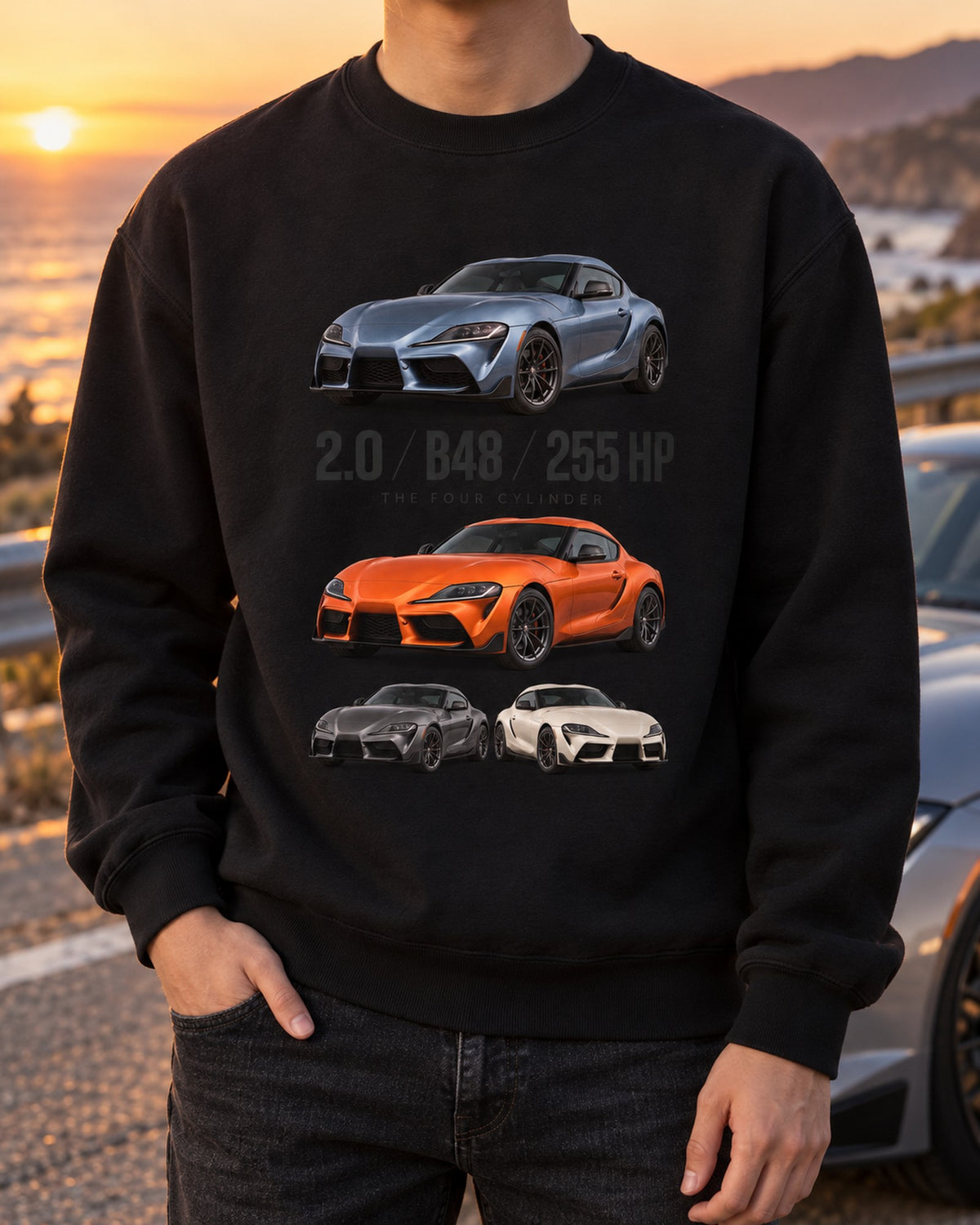 Toyota GR Supra 2.0 B48 Spec Poster Shirt, Four-Cylinder Crewneck Black worn hero