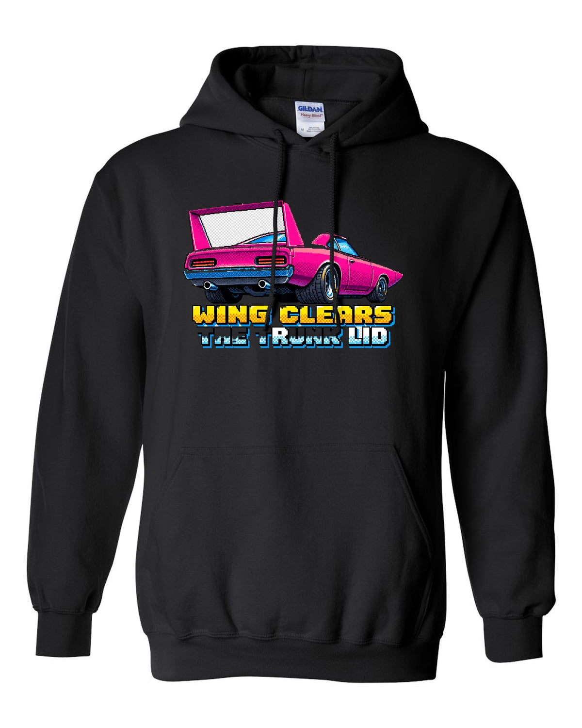 1970 Plymouth Superbird 16-bit pixel art print with Wing Clears The Trunk Lid text black pull over hoodie front view with the design