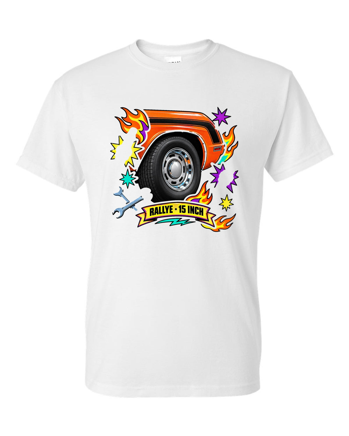 Sticker-bomb collage print of a 1970 Dodge Challenger R/T with Rallye wheel text white t-shirt front view with the design