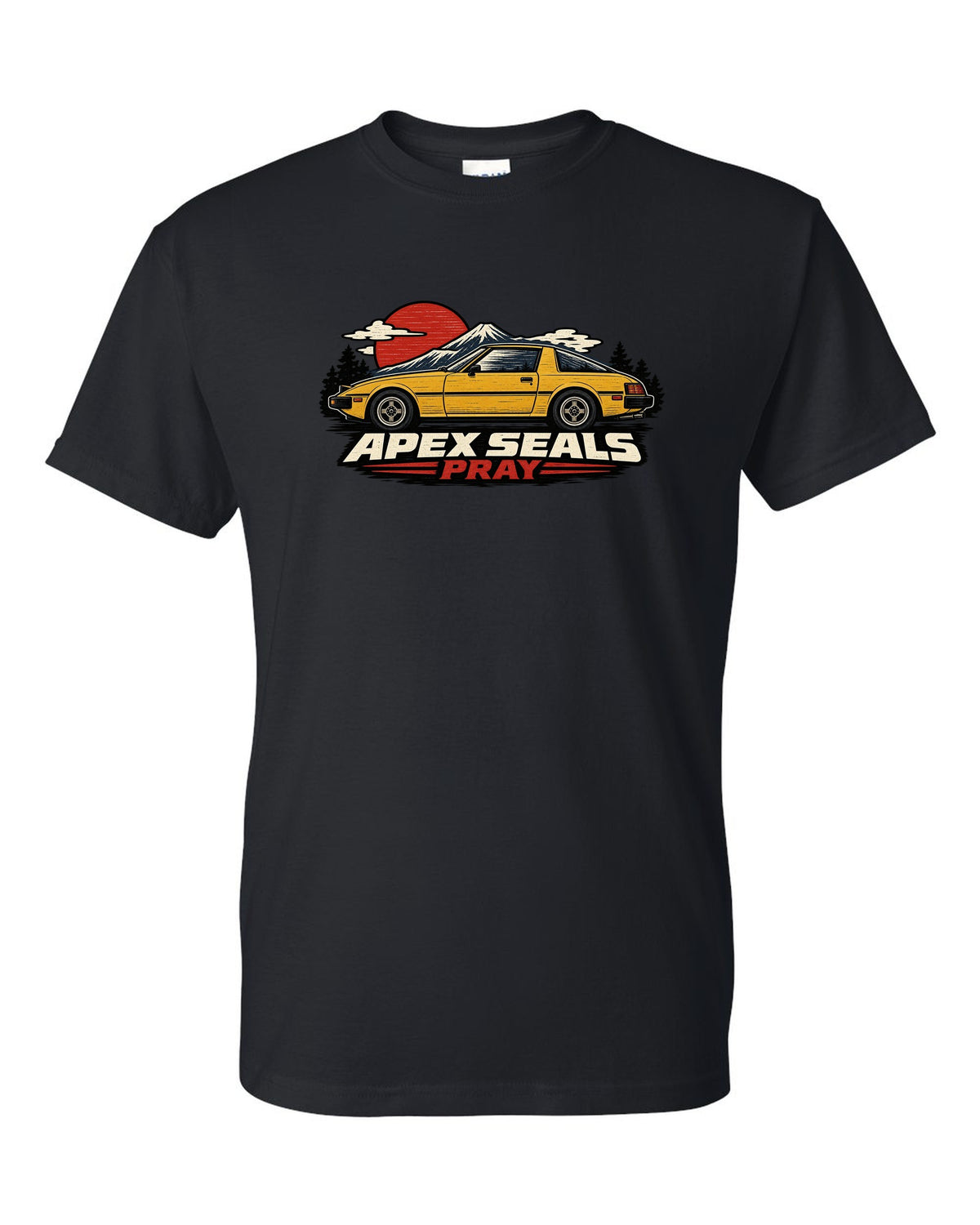 Mazda RX-7 SA22C Linocut Side Profile black t-shirt front view with the design
