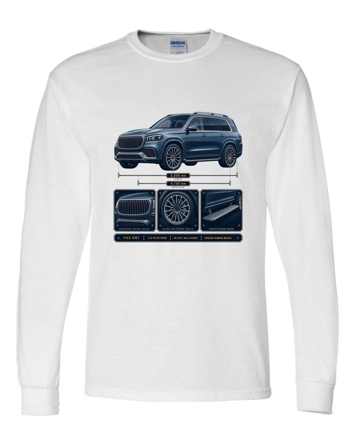 print dossier panels of a Mercedes-Maybach GLS 600 X167 in blue-grey white long sleeve front view with the design