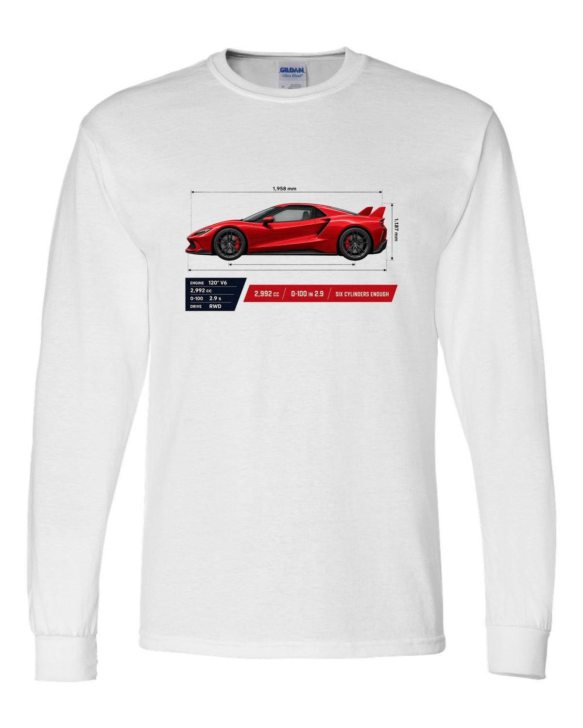 Ferrari 296 GTB spec poster print with 2,992 cc and 0-100 in 2.9 white long sleeve front view with the design