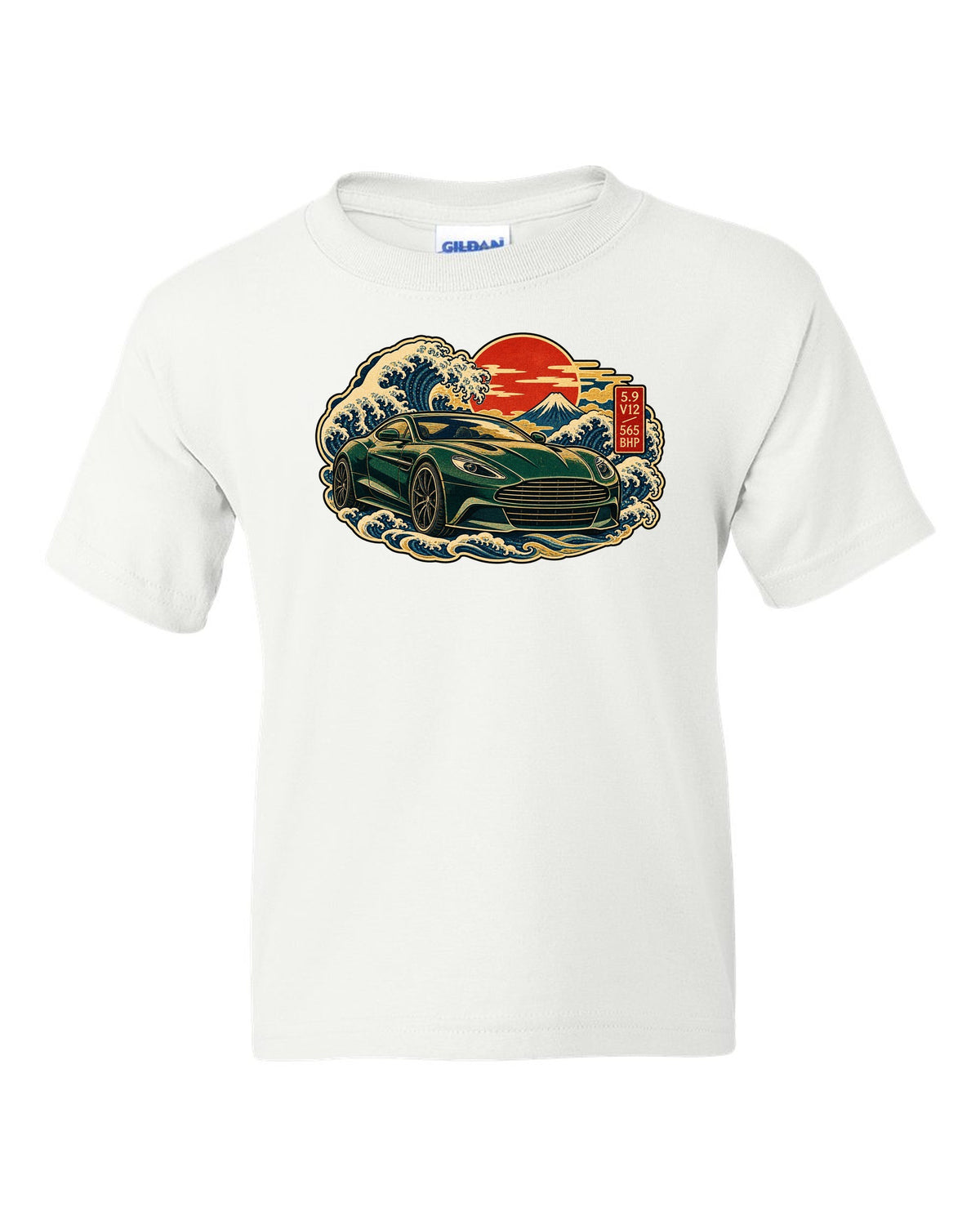 Aston Martin Vanquish ukiyo-e woodblock wave with 5.9 V12 565 BHP lettering white kids tee front view with the design