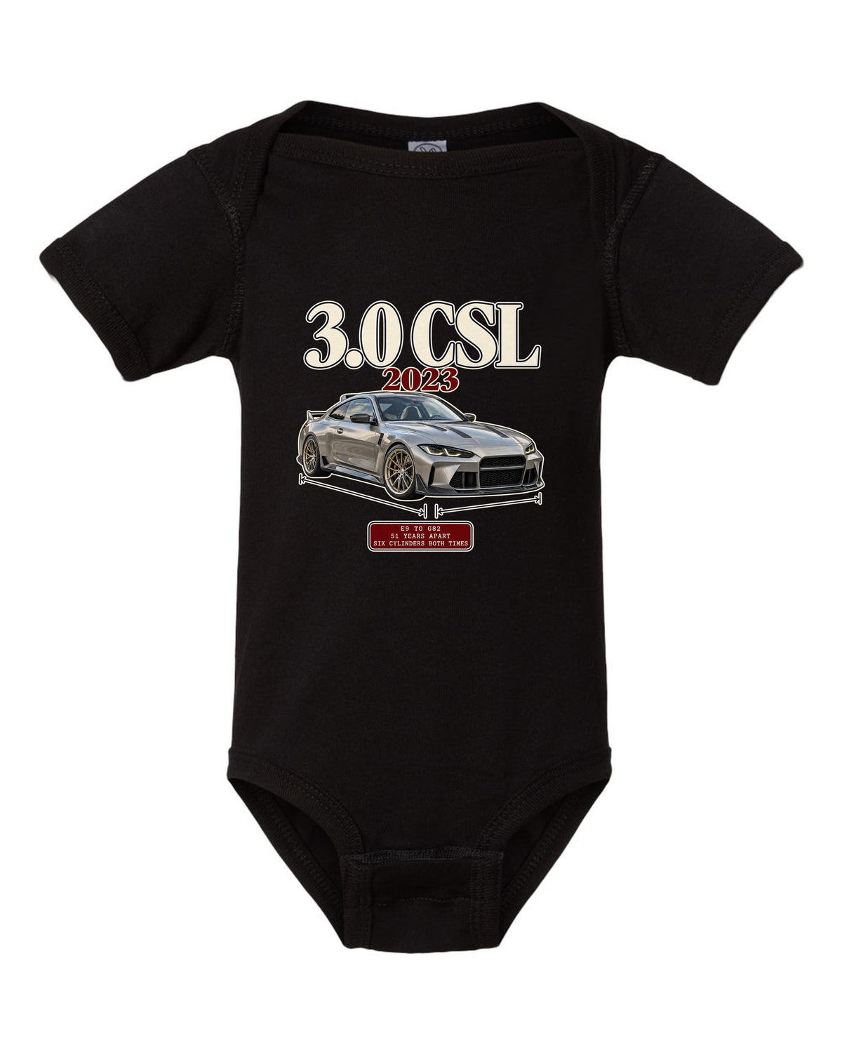 BMW 3.0 CSL E9 to G82 archive panel print black baby onesie front view with the design