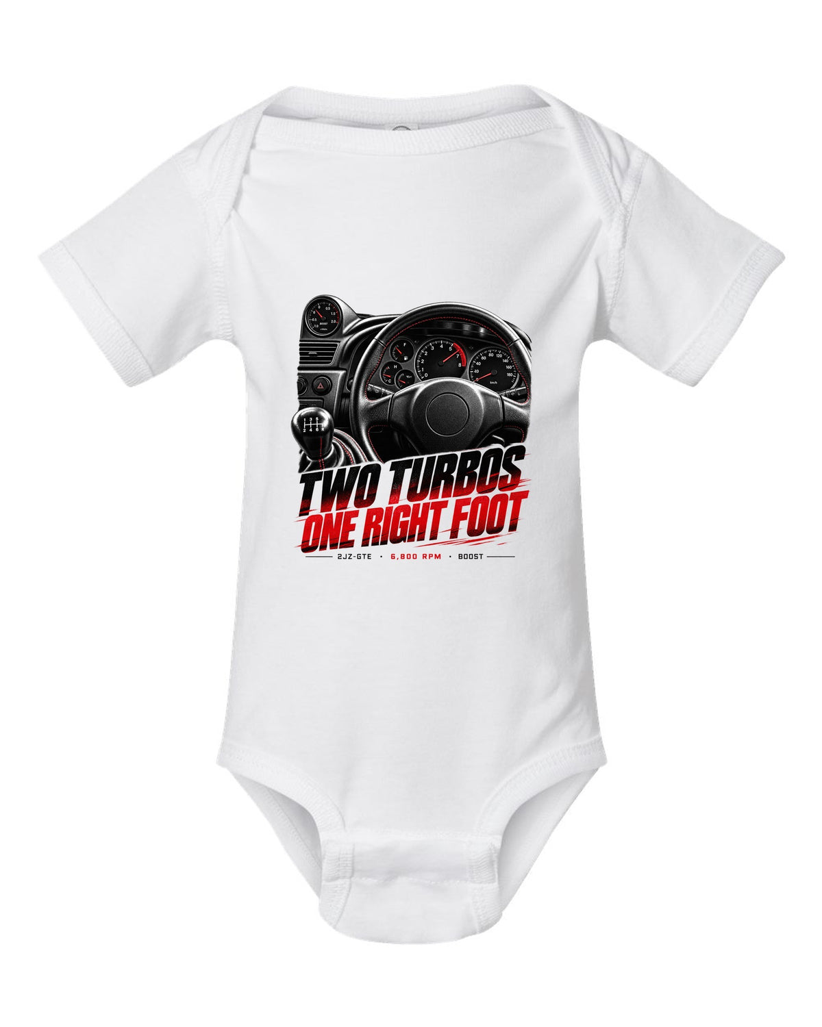 Cockpit and gauge print of a Toyota Supra A80 JZA80 with 6,800 redline white baby onesie front view with the design