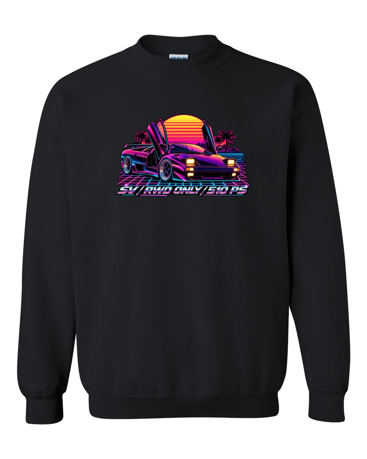 Synthwave outrun style Lamborghini Diablo SV with RWD only and 510 PS lettering black crewneck front view with the design
