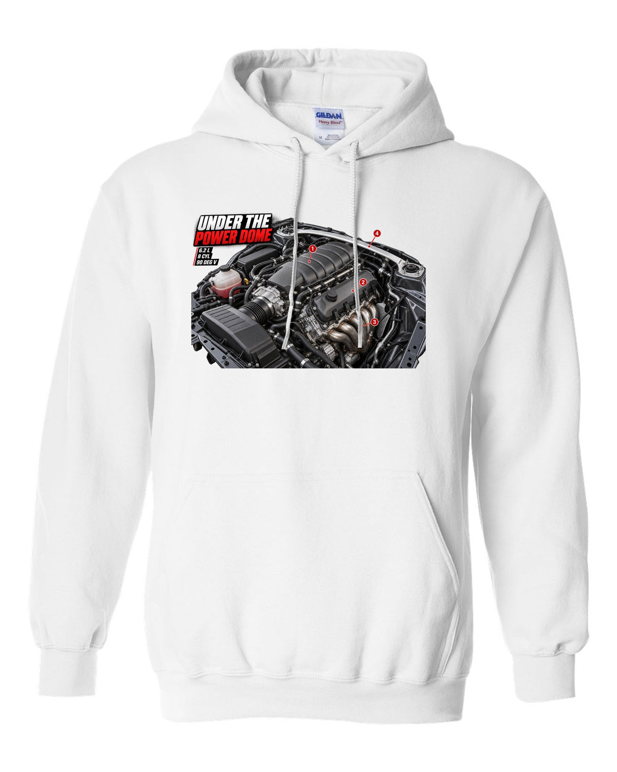 print of the Mercedes C63 AMG W204 M156 engine bay with the text Under The Power Dome white pull over hoodie front view with the design