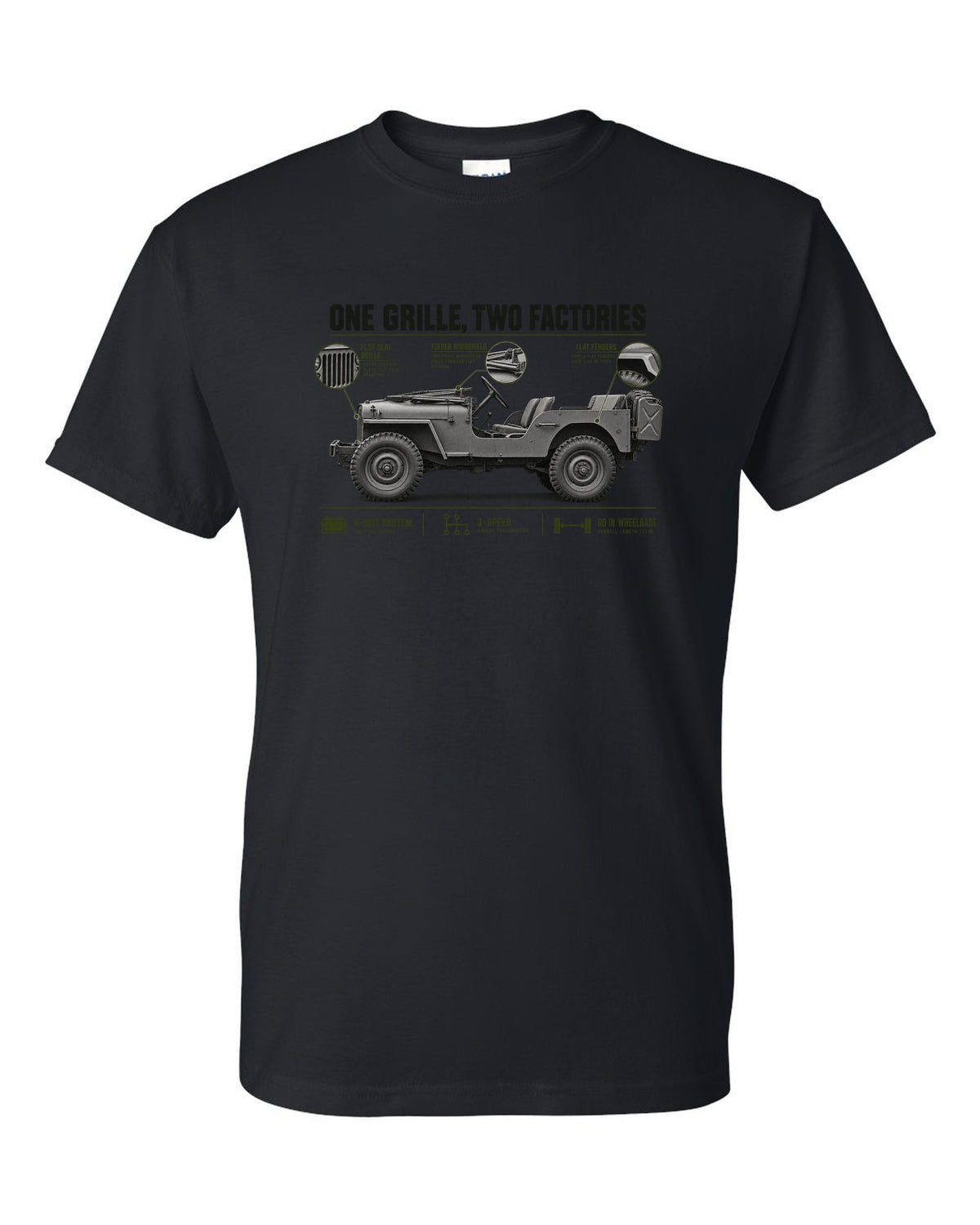 Spec poster print for the Willys MB and Ford GPW, 1941-1945 black t-shirt front view with the design