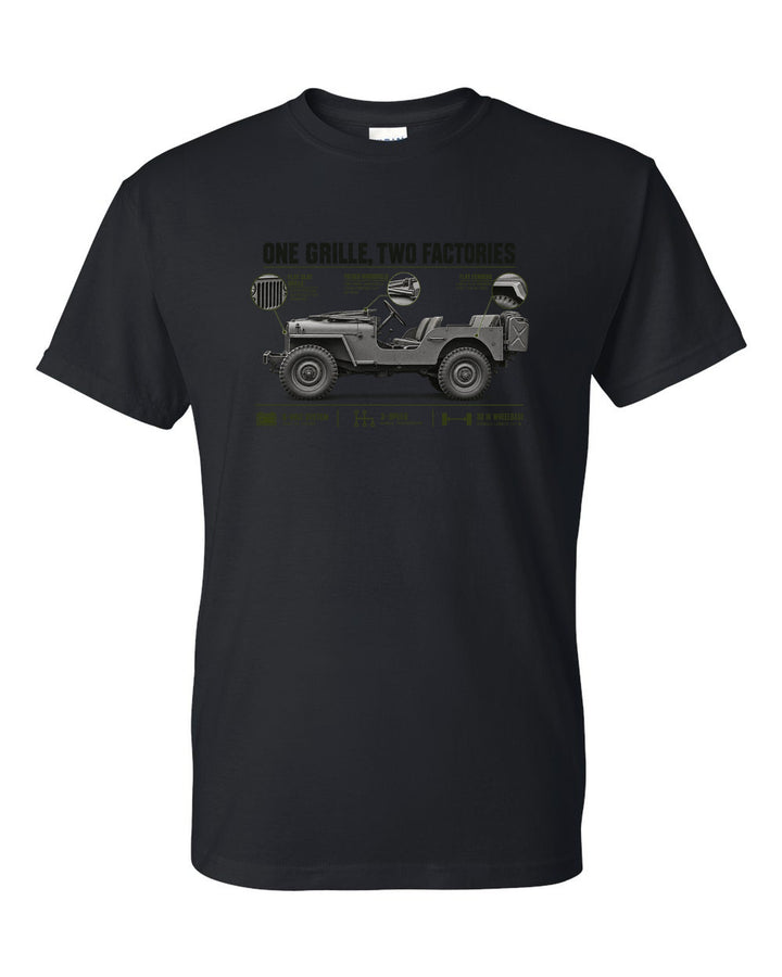 Spec poster print for the Willys MB and Ford GPW, 1941-1945 black t-shirt front view with the design
