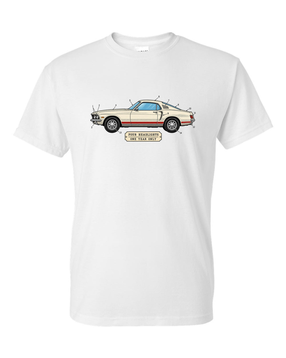1969 Ford Mustang Fastback Patent Sheet Profile white t-shirt front view with the design