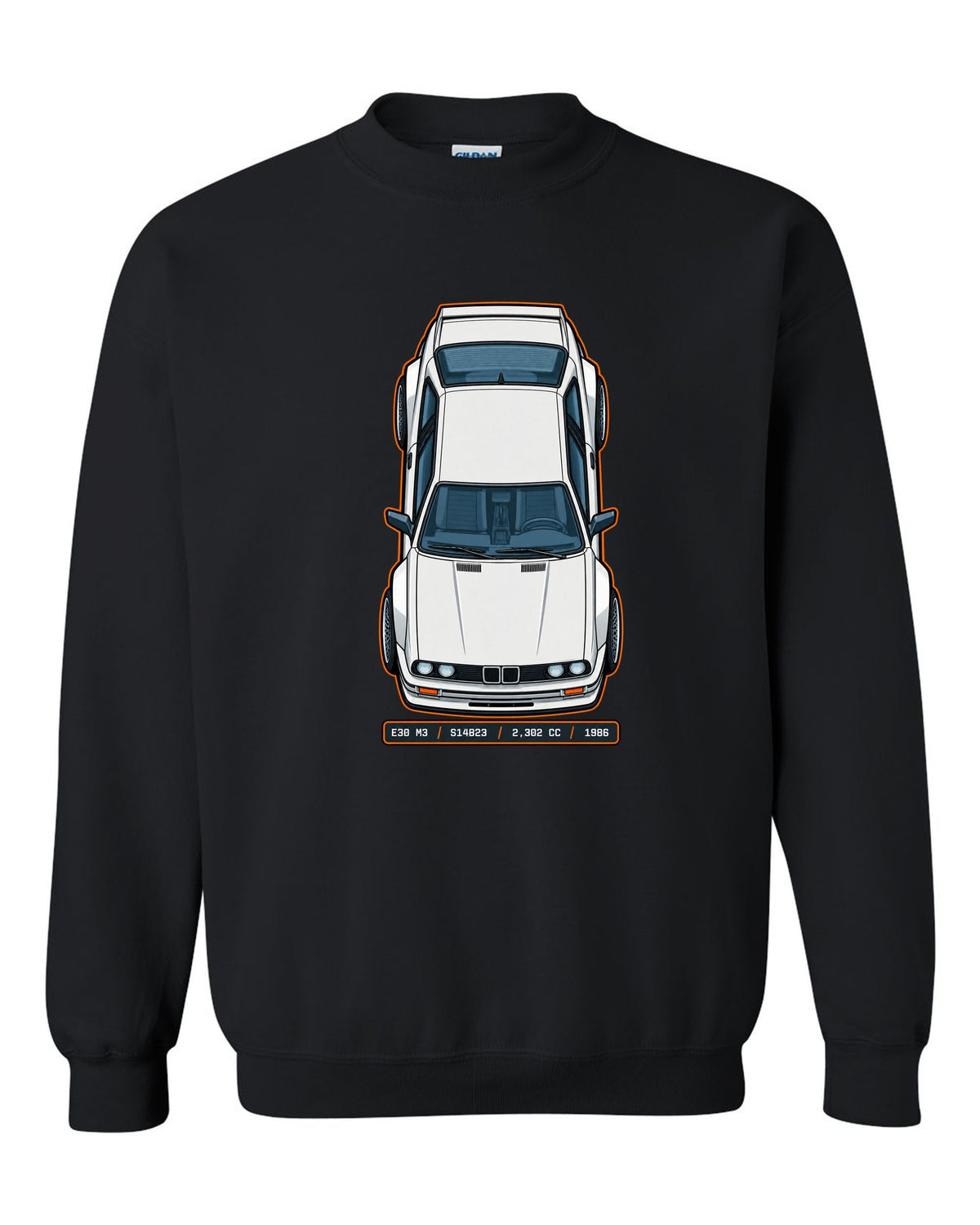 Top view spec sheet print of a BMW E30 M3 with S14B23 2,302 cc 1986 data plate text black crewneck front view with the design
