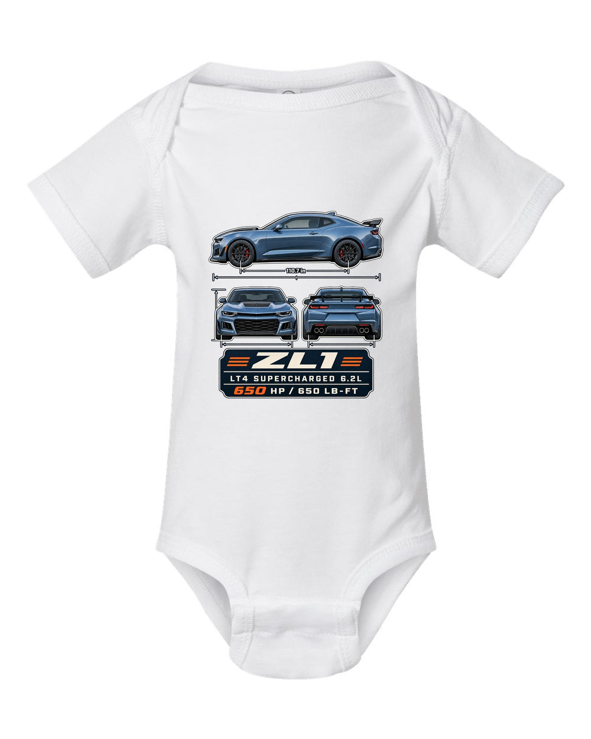 Three-view plate print of a 6th generation Chevrolet Camaro ZL1 white baby onesie front view with the design