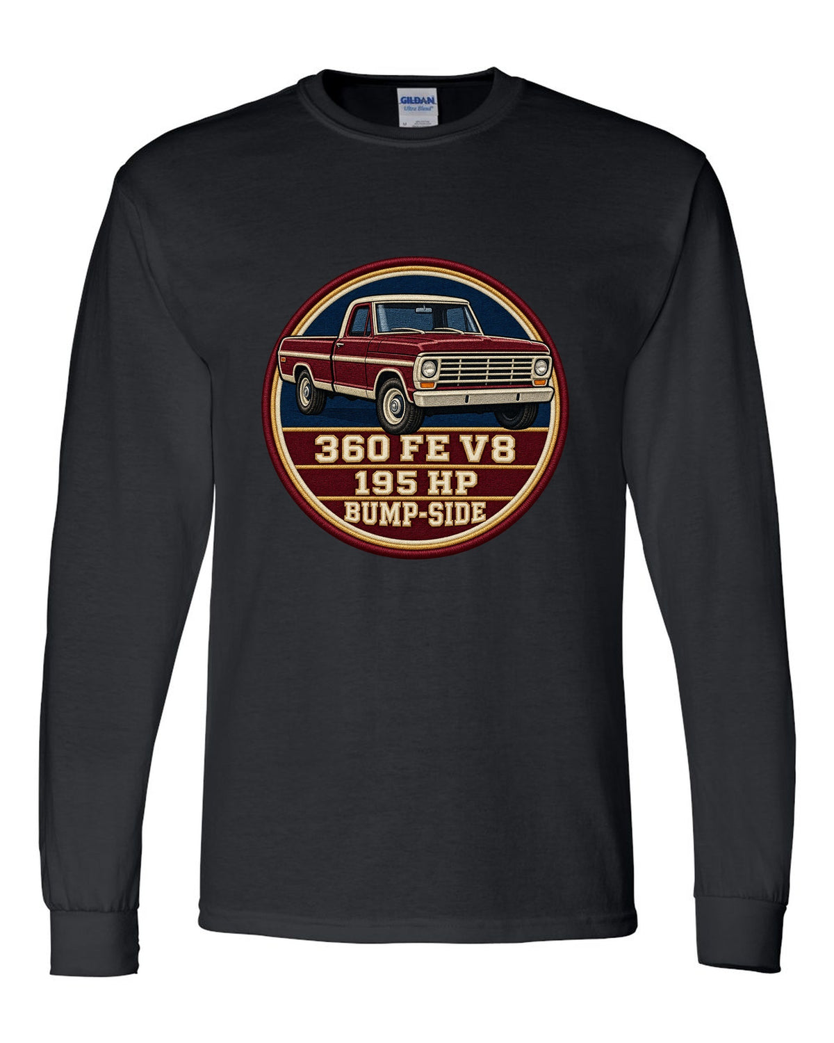 Bump-Side Ford F-Series 1967-72 Crest print Tee black long sleeve front view with the design