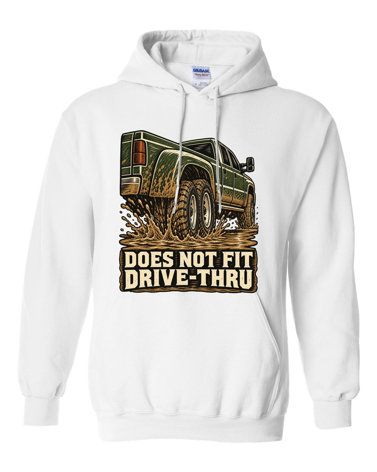 Woodcut print of a 1994-1998 Dodge Ram 3500 dually Cummins with drive-thru text white pull over hoodie front view with the design