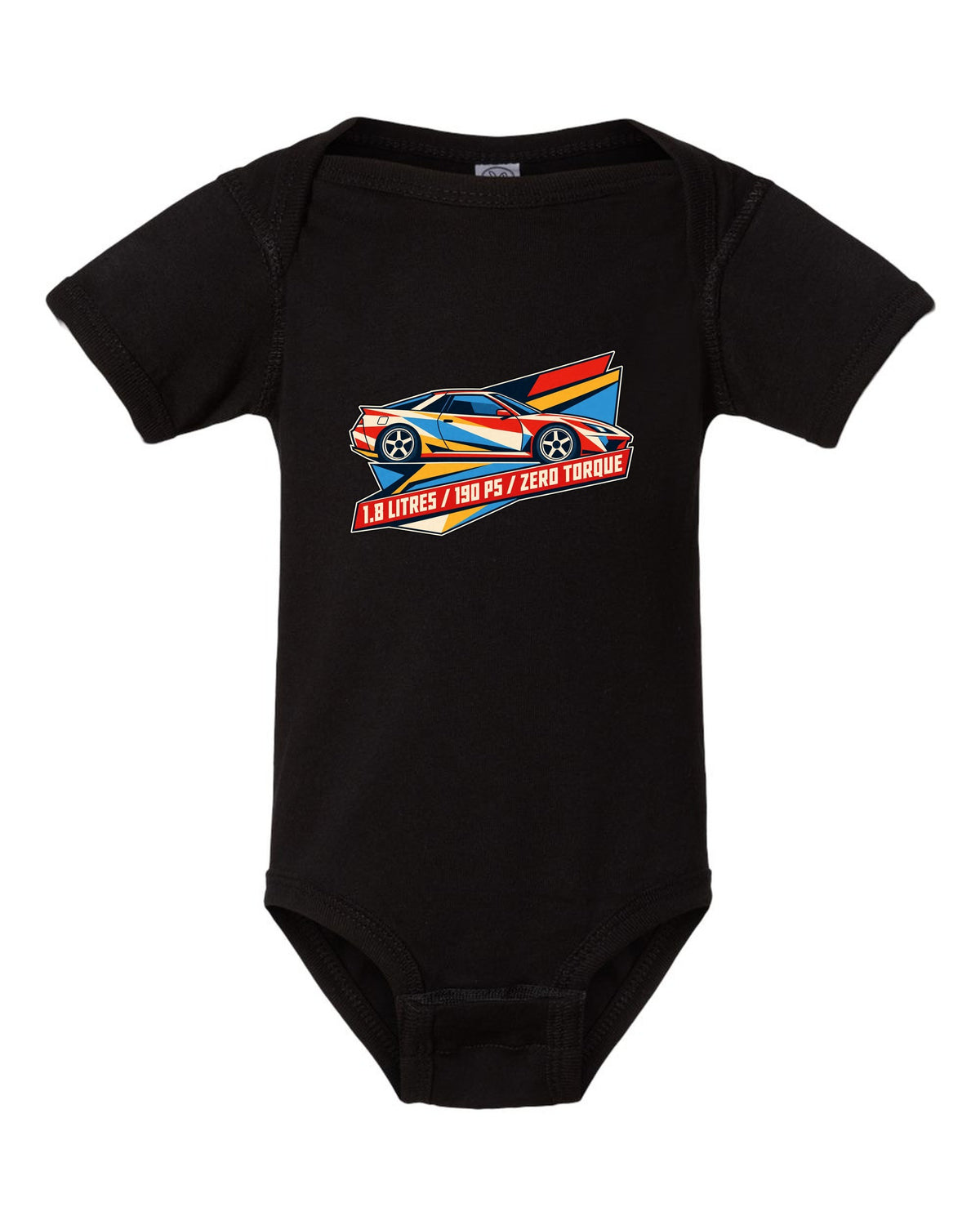 Geometric origami constructivist poster of the Toyota Celica ZZT231 with 190 PS text black baby onesie front view with the design
