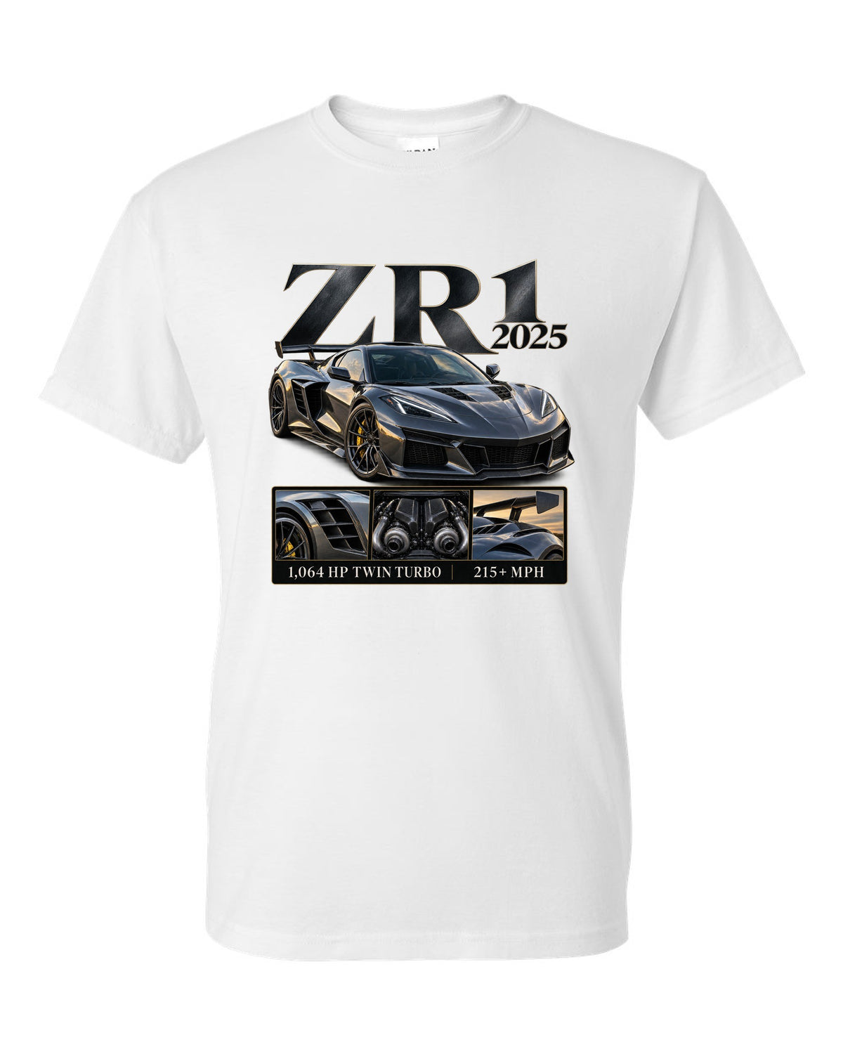 Corvette C8 ZR1 2025 with large fender vents, archive panel white t-shirt front view with the design